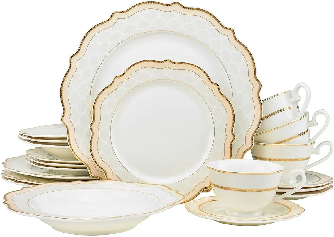 Euro Porcelain 57-pc Banquet Dinnerware Set, Luxury Bone China Tableware, Service for 8 (6664G) 6664-20