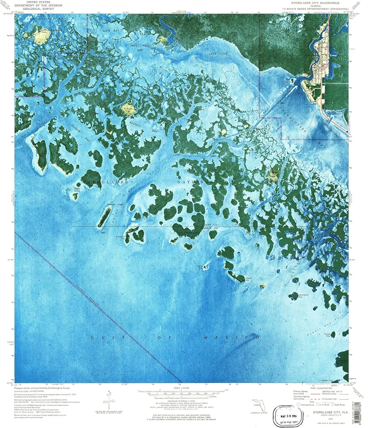 Everglades City FL topo map, 1:24000 Scale, 7.5 X 7.5 Minute, Historical, 1974, Updated 1976, 26.8 x 23 in