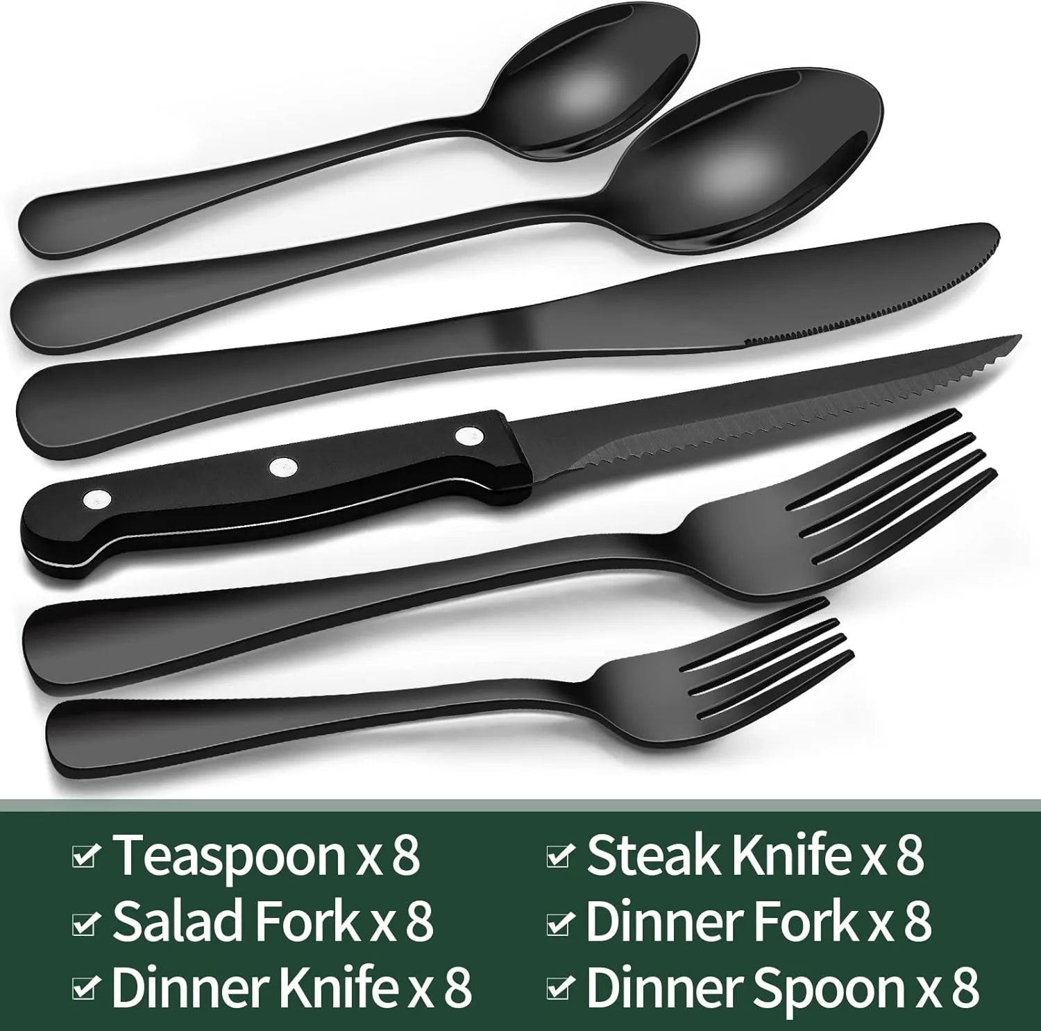 EWFEN 48-Piece Black Silverware Set with Organizer, Black Flatware Set with Steak Knives for 8, Food-Grade Stainless Steel Tableware Cutlery Set, Mirror Finished Utensil Sets for Home Restaurant