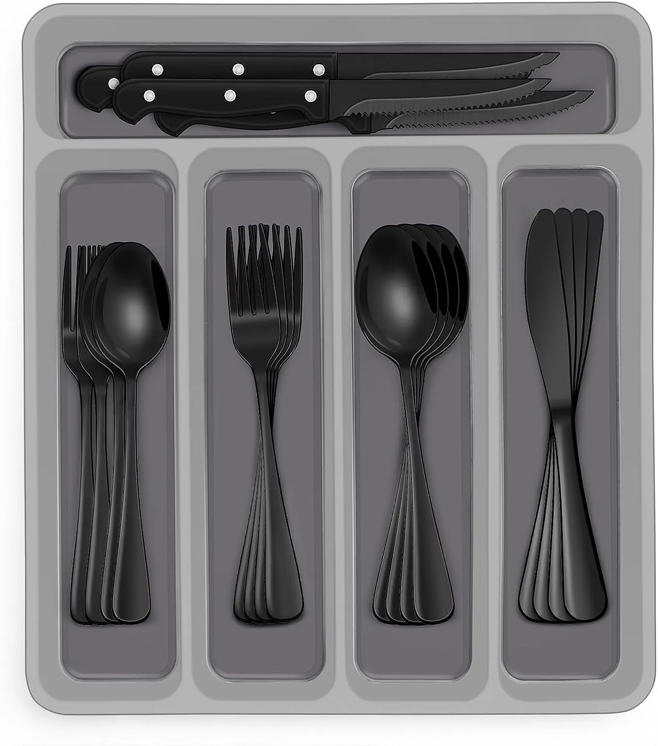EWFEN 48-Piece Black Silverware Set with Organizer, Black Flatware Set with Steak Knives for 8, Food-Grade Stainless Steel Tableware Cutlery Set, Mirror Finished Utensil Sets for Home Restaurant
