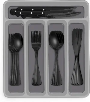 EWFEN 48-Piece Black Silverware Set with Organizer, Black Flatware Set with Steak Knives for 8, Food-Grade Stainless Steel Tableware Cutlery Set, Mirror Finished Utensil Sets for Home Restaurant
