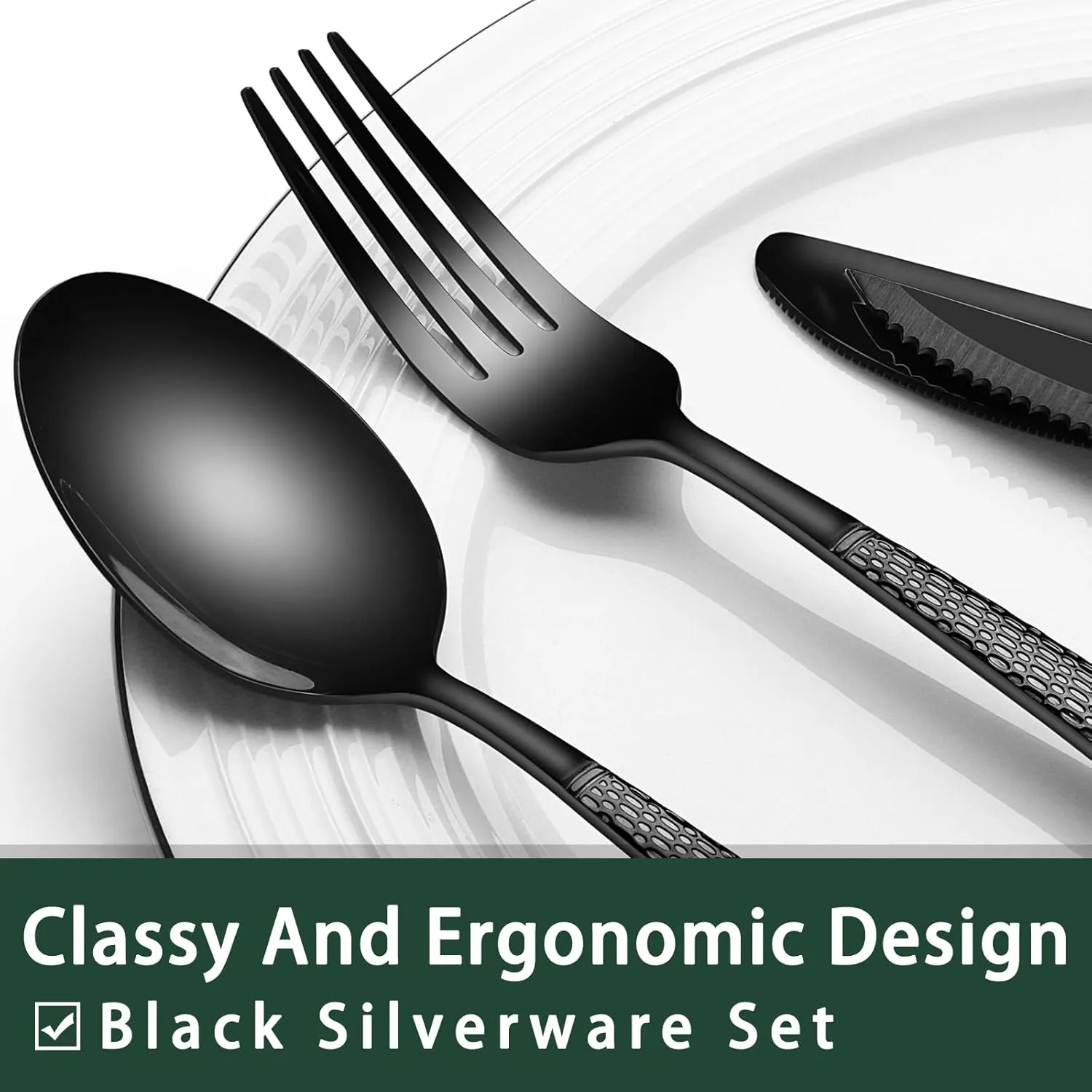 EWFEN Black Hammered Silverware Set with Steak Knives, 24-Piece Stainless Steel Heavy Duty Flatware Set for 4, Food-Grade Tableware Cutlery Set, Utensil Sets for Home Restaurant, Mirror Finish