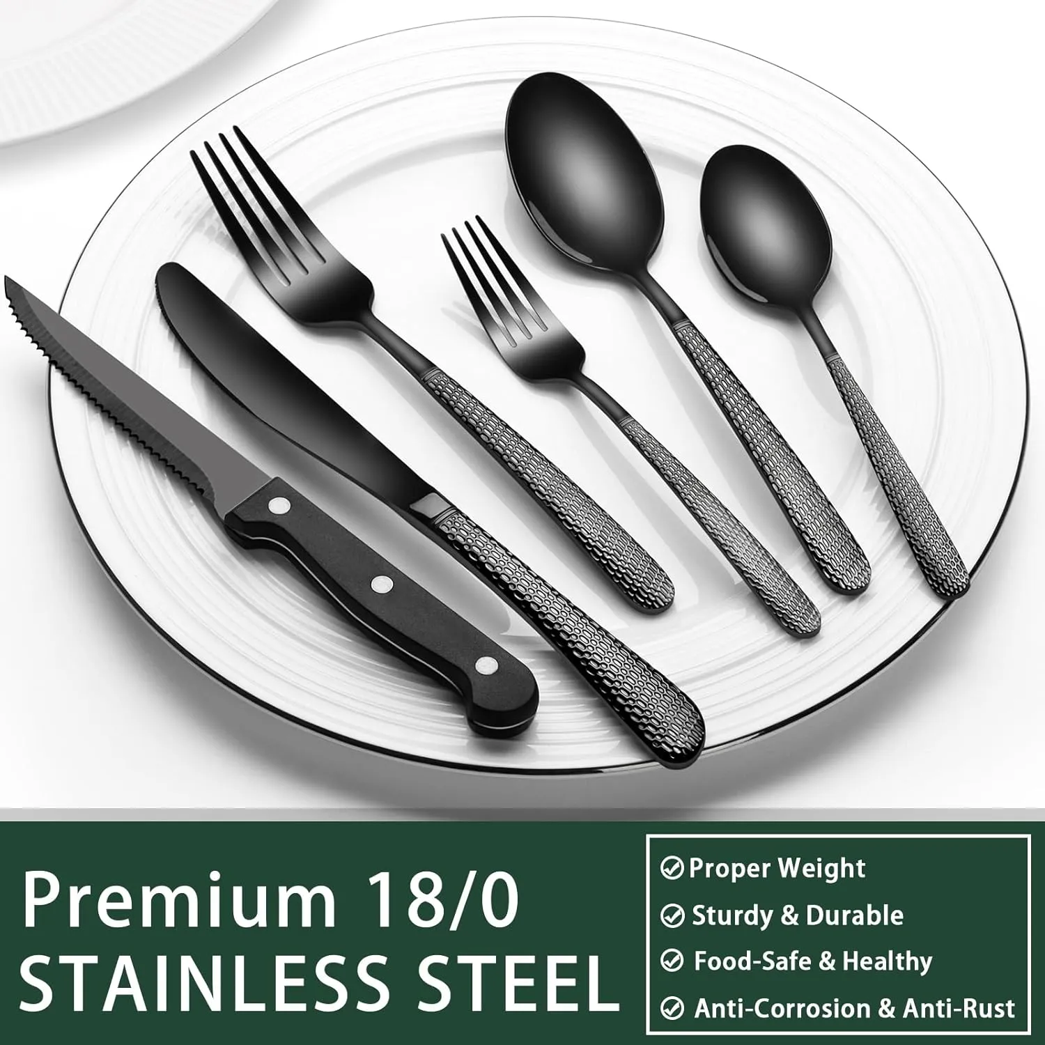 EWFEN Black Hammered Silverware Set with Steak Knives, 24-Piece Stainless Steel Heavy Duty Flatware Set for 4, Food-Grade Tableware Cutlery Set, Utensil Sets for Home Restaurant, Mirror Finish
