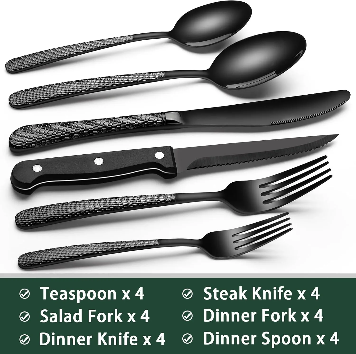 EWFEN Black Hammered Silverware Set with Steak Knives, 24-Piece Stainless Steel Heavy Duty Flatware Set for 4, Food-Grade Tableware Cutlery Set, Utensil Sets for Home Restaurant, Mirror Finish