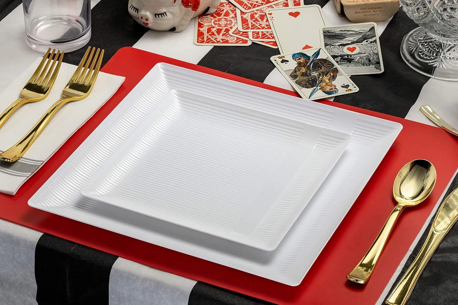 Exquisite Disposable-White-Plastic-Plates-Square Linear (40 Pack) Wedding Dinner Fancy Tableware Dishes (9 Inch., White) Single Size Set
