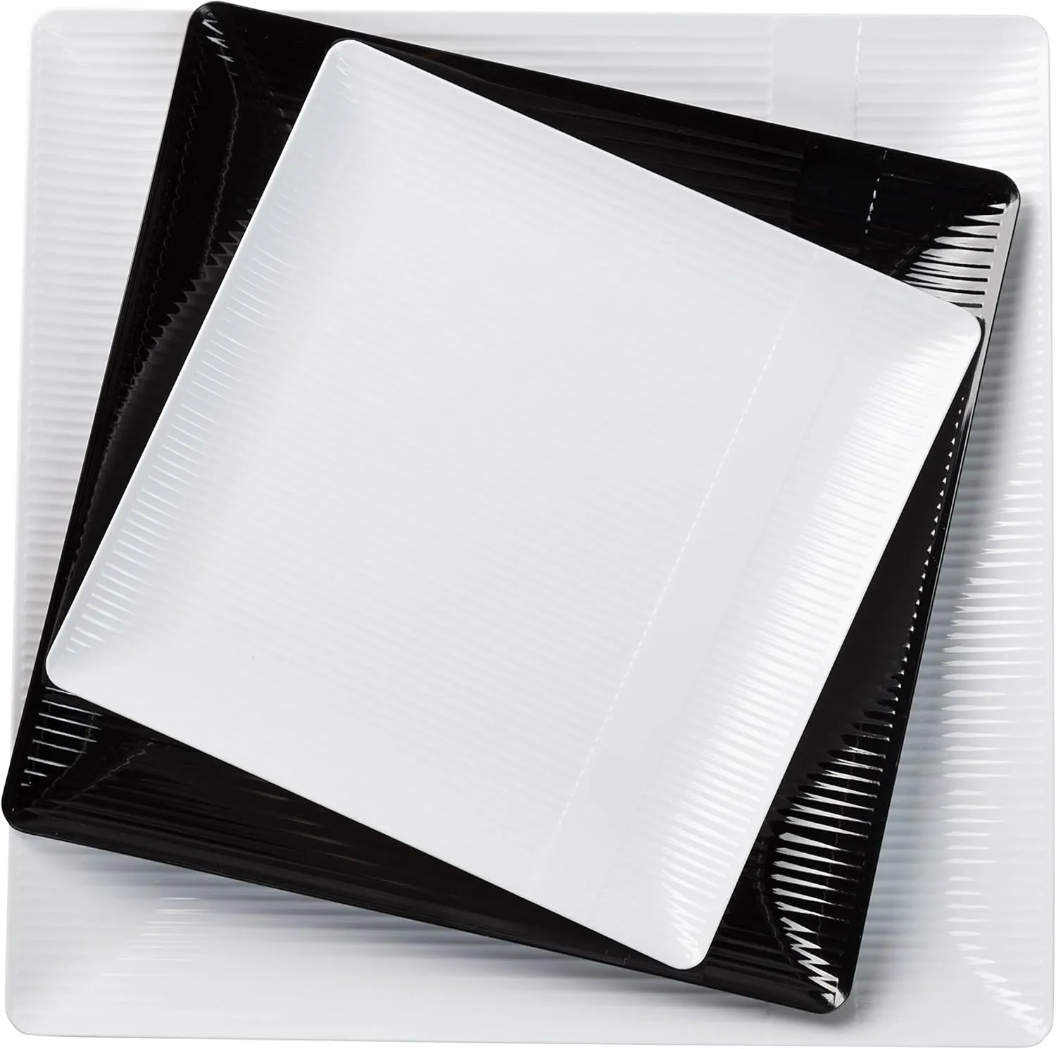 Exquisite Disposable-White-Plastic-Plates-Square Linear (40 Pack) Wedding Dinner Fancy Tableware Dishes (9 Inch., White) Single Size Set