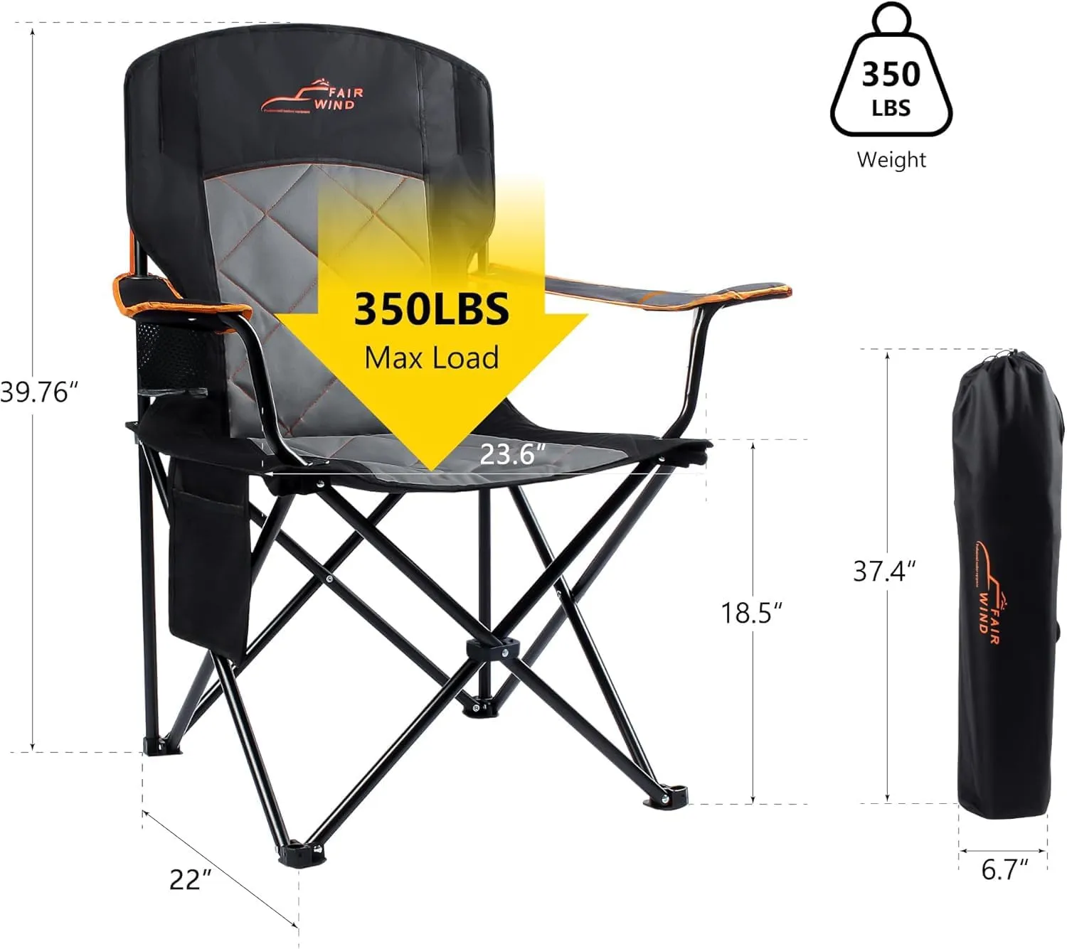 FAIR WIND Oversized Fully Padded Camping Chair, Heavy Duty Quad Fold Chair Arm Chair Support 350 LBS with Cup Holder, Collapsible Lumbar Back Chair Portable for Outdoor, Black