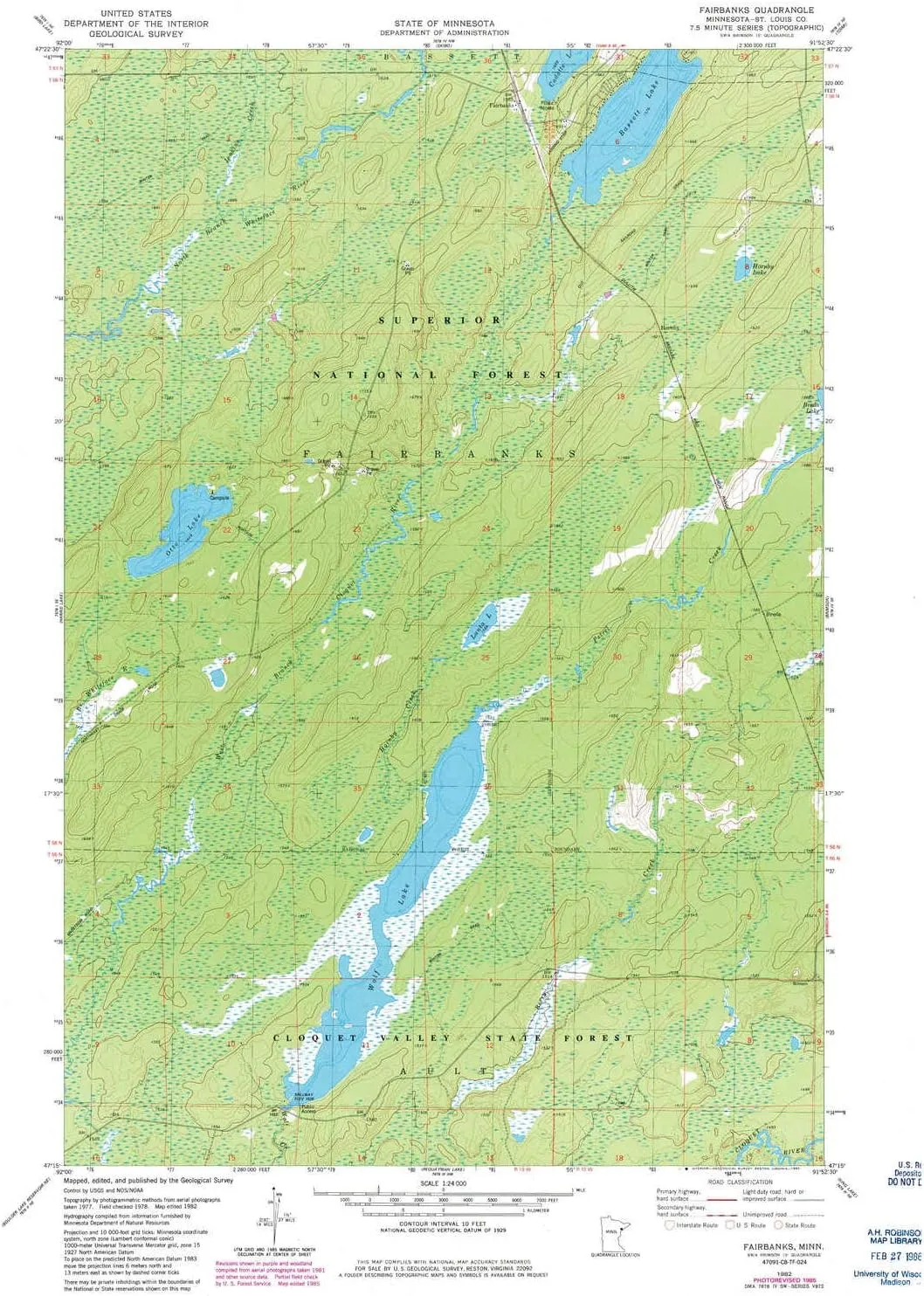 Fairbanks MN topo map, 1:24000 Scale, 7.5 X 7.5 Minute, Historical, 1982, Updated 1985, 27.23 x 21.53 in