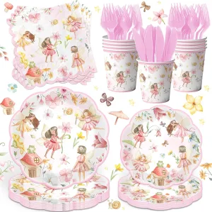 Fairy Birthday Decorations Tableware,150pcs Fairy Garden Party Plates and Napkins Cups Fairy 1st Birthday Party Decorations for Girls Fairies Party Supplies,Serves 25