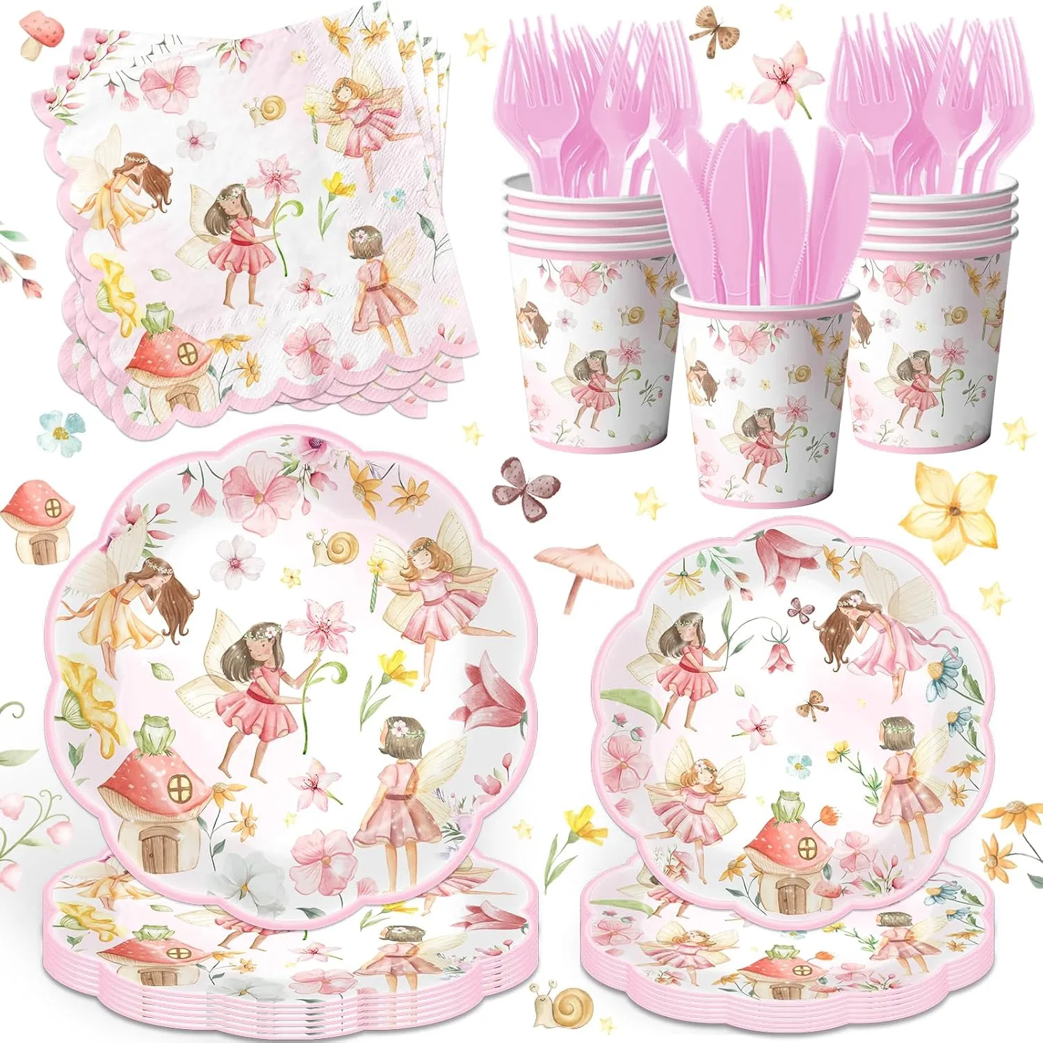 Fairy Birthday Decorations Tableware,150pcs Fairy Garden Party Plates and Napkins Cups Fairy 1st Birthday Party Decorations for Girls Fairies Party Supplies,Serves 25