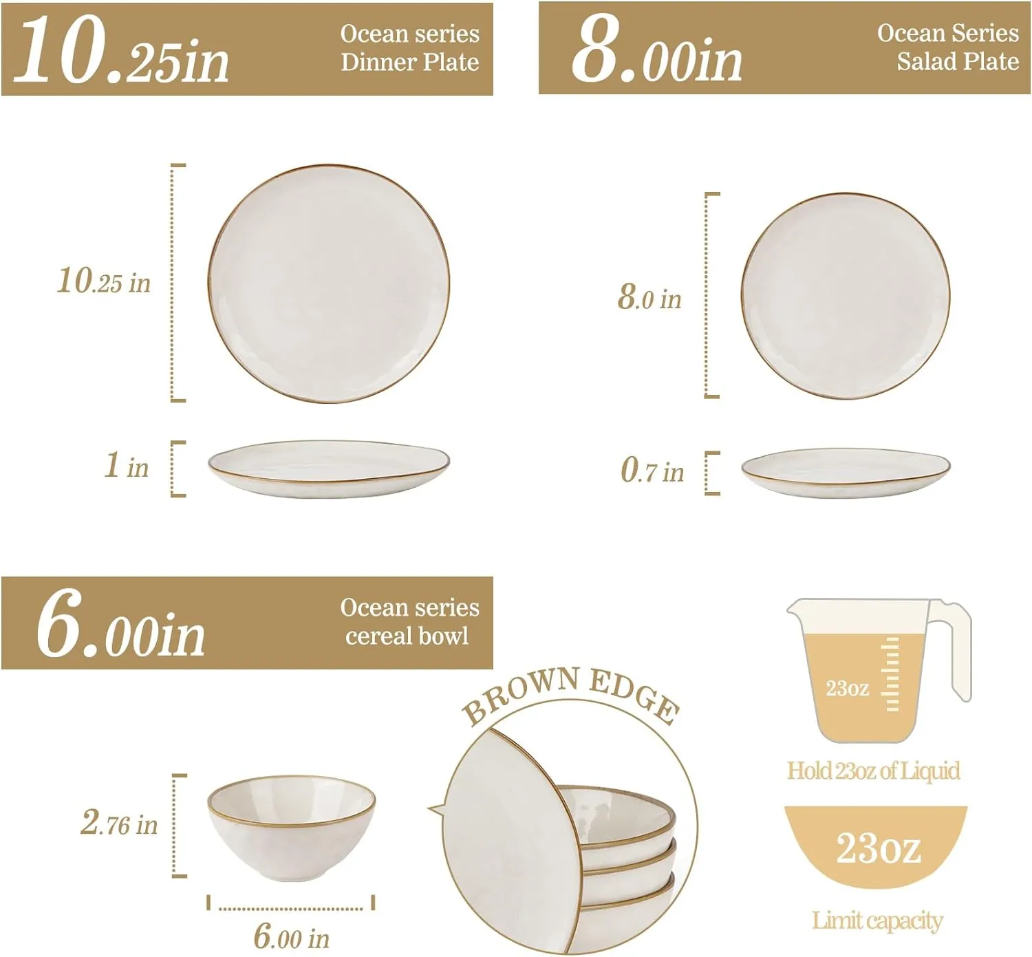 Famiware Dinnerware Sets for 4, Ocean Round 12-Piece Kitchen Plates and Bowls Sets, Reactive Glaze, Microwave and Dishwasher Safe, Scratch Resistant, Cappuccino White