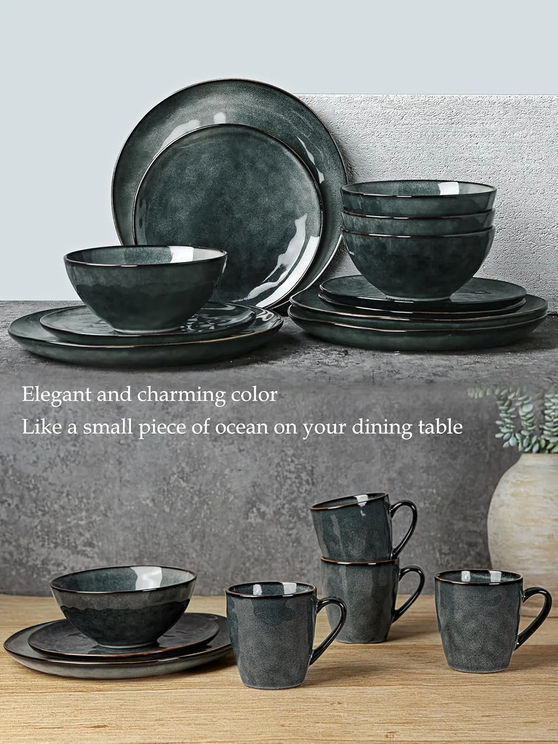 Famiware Dinnerware Sets for 4, Ocean Round 12-Piece Kitchen Plates and Bowls Sets, Reactive Glaze, Microwave and Dishwasher Safe, Scratch Resistant, Deep Forest