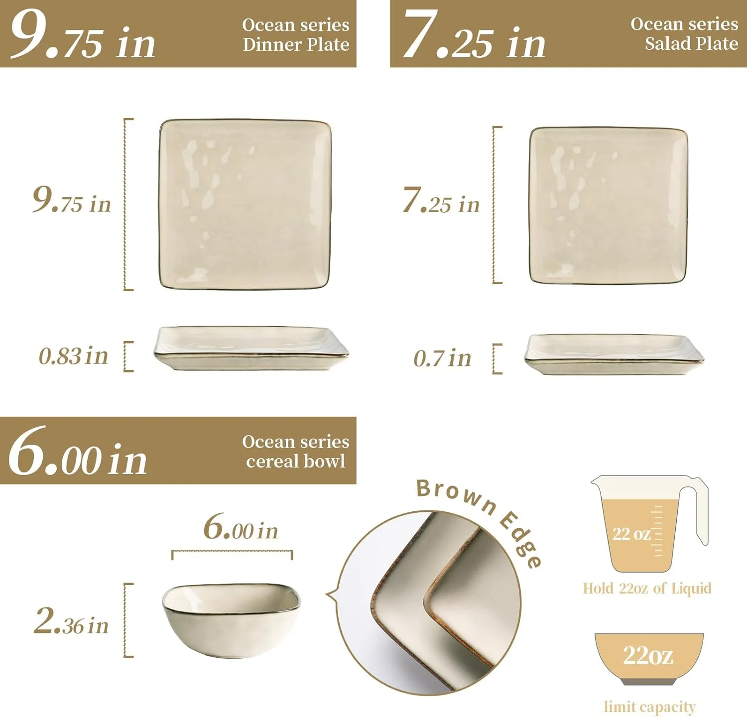 Famiware Dinnerware Sets for 4, Ocean Square 12-Piece Kitchen Plates and Bowls Sets, Microwave and Dishwasher Safe, Scratch Resistant, Light khaki