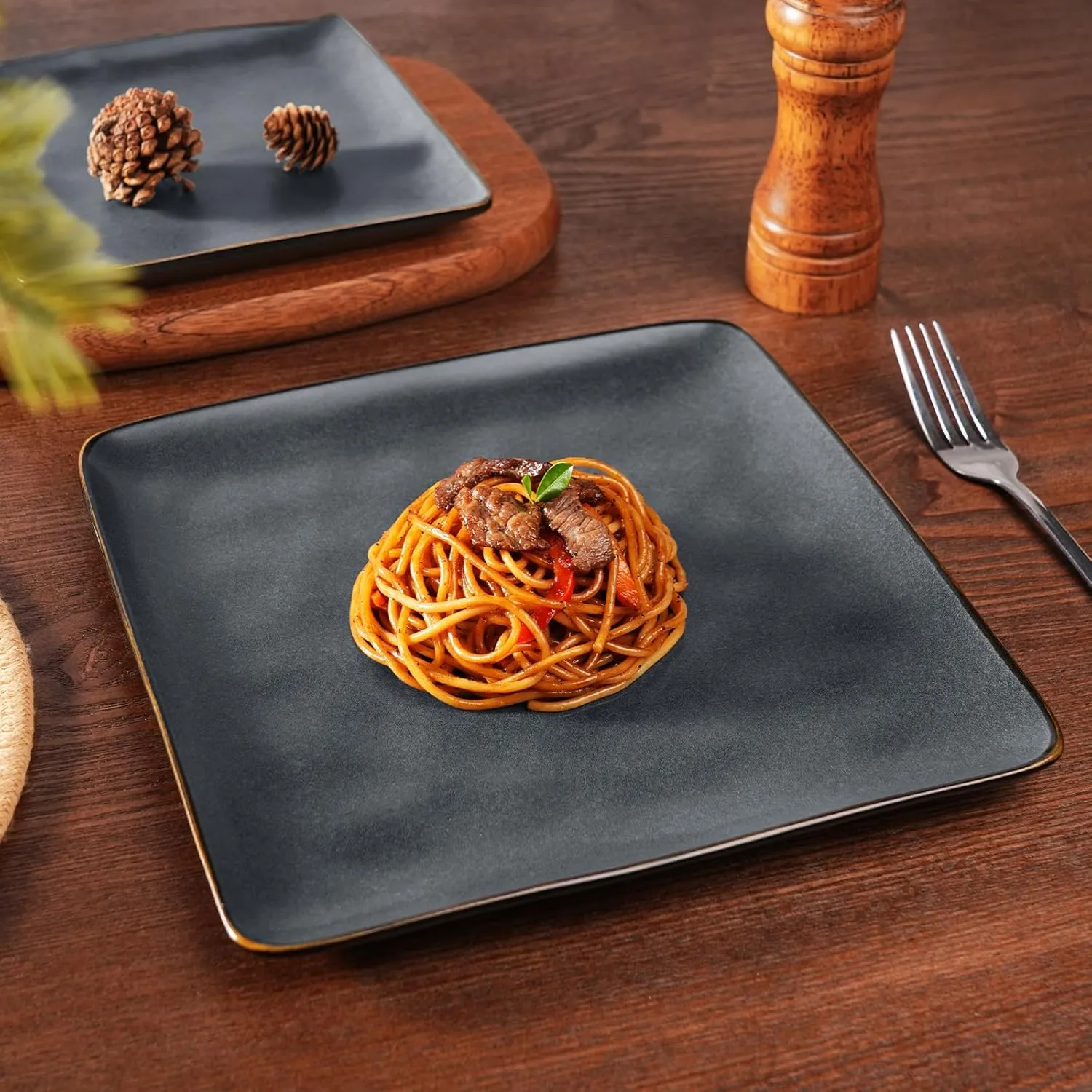 Famiware Dinnerware Sets for 4, Ocean Square 12-Piece Kitchen Plates and Bowls Sets, Microwave and Dishwasher Safe, Scratch Resistant, Matte Black