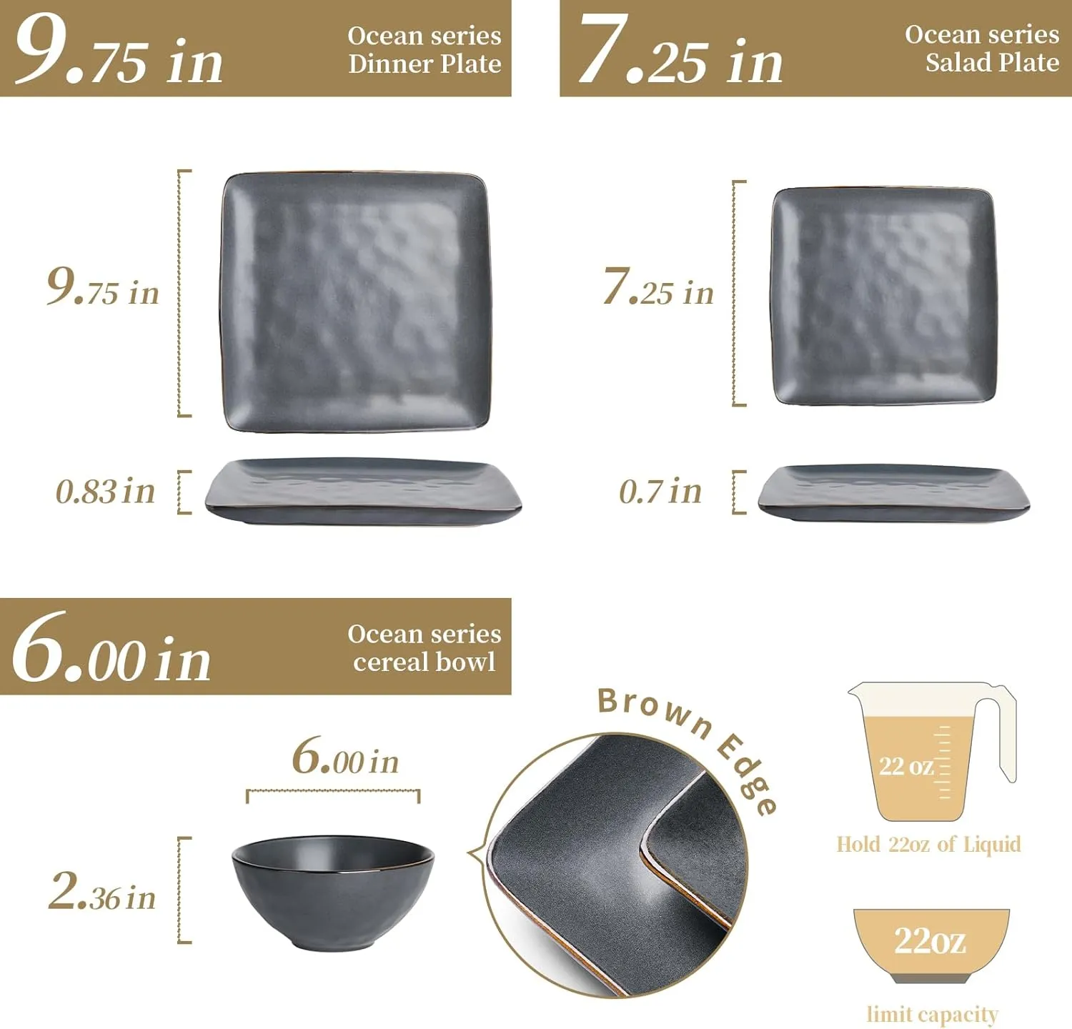 Famiware Dinnerware Sets for 4, Ocean Square 12-Piece Kitchen Plates and Bowls Sets, Microwave and Dishwasher Safe, Scratch Resistant, Matte Black