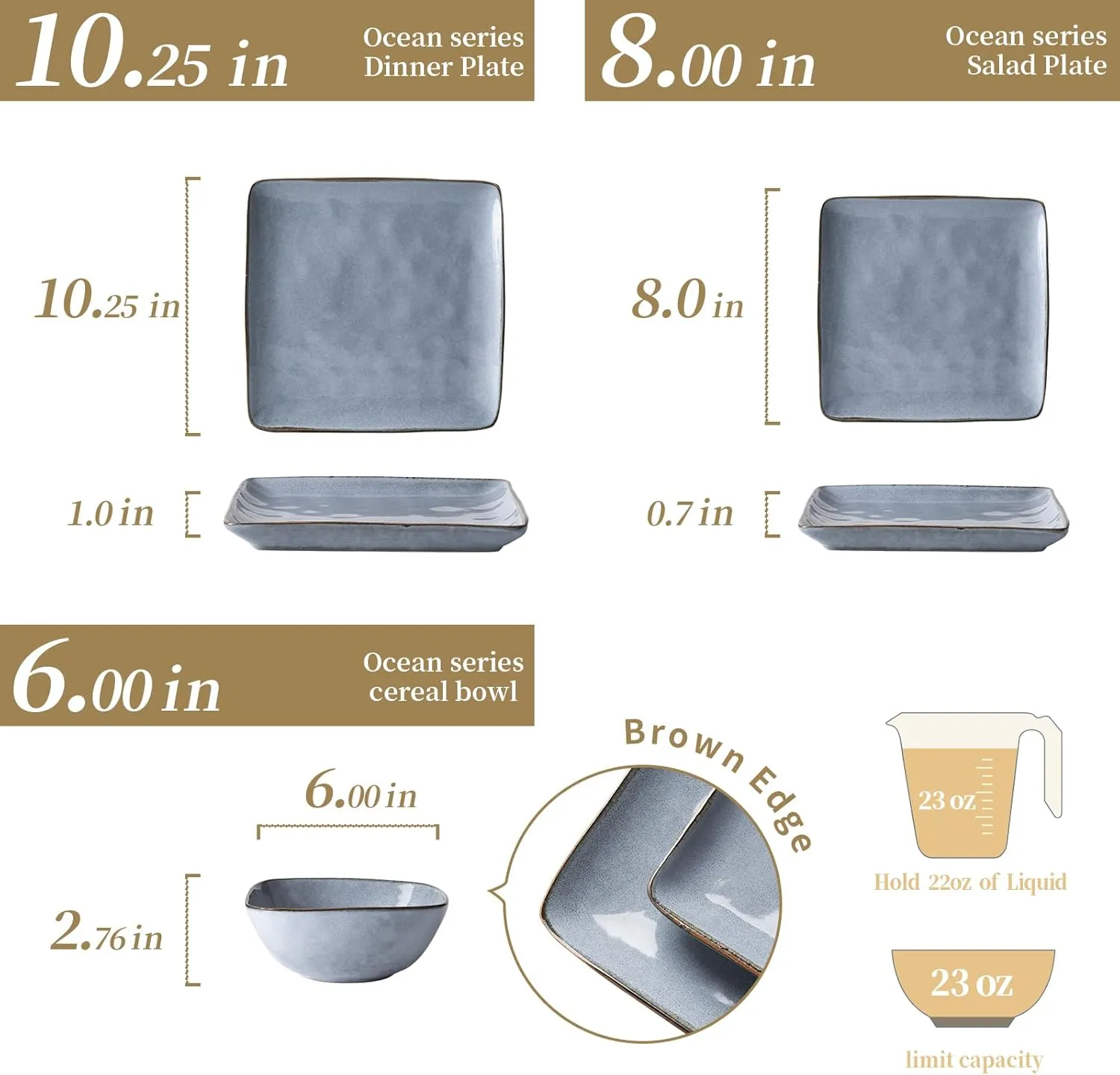 Famiware Dinnerware Sets for 4, Ocean Square 12-Piece Kitchen Plates and Bowls Sets, Reactive Glaze, Microwave and Dishwasher Safe, Scratch Resistant, Blue