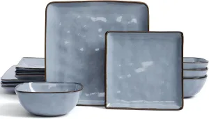 Famiware Dinnerware Sets for 4, Ocean Square 12-Piece Kitchen Plates and Bowls Sets, Reactive Glaze, Microwave and Dishwasher Safe, Scratch Resistant, Blue