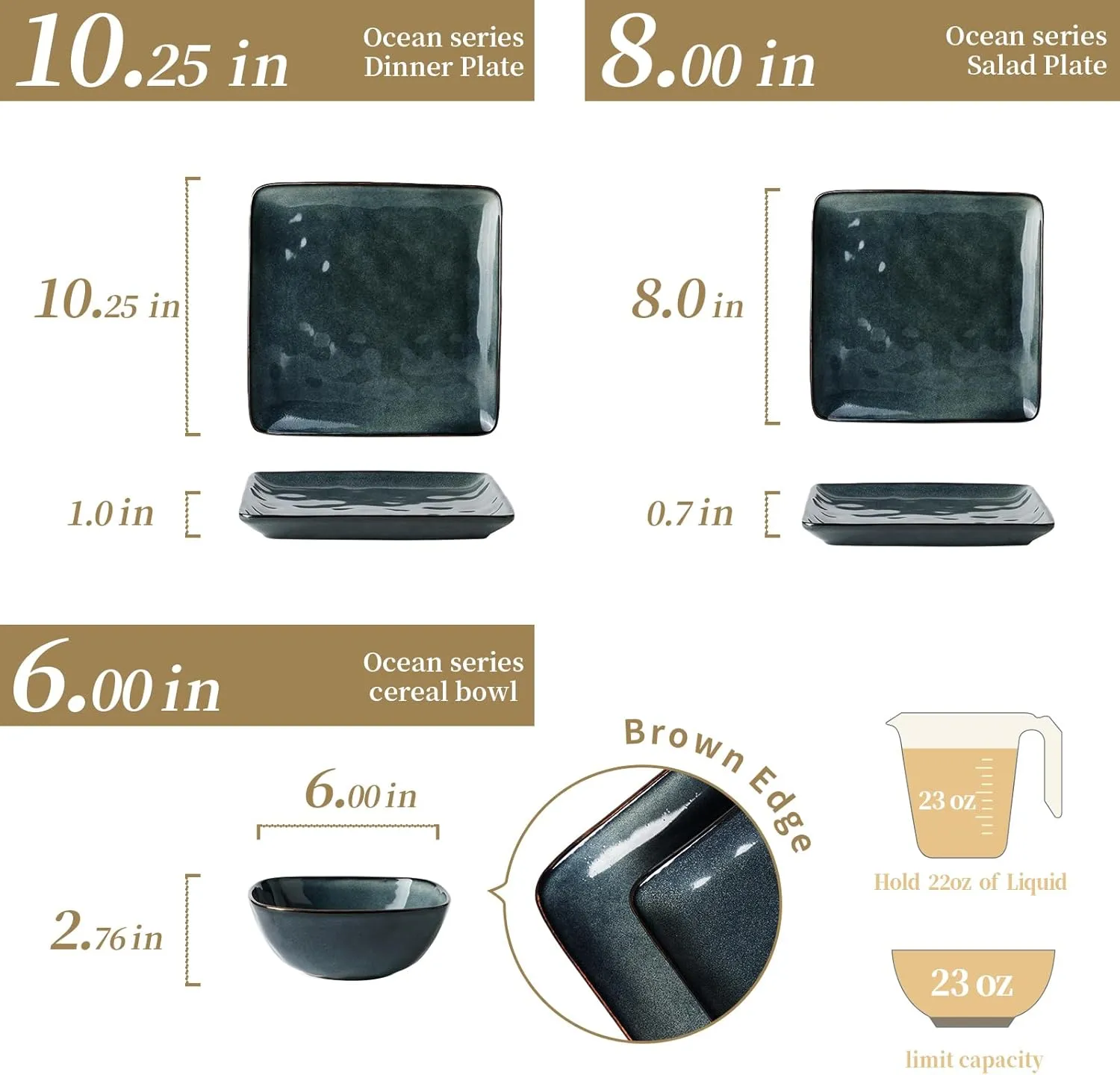Famiware Dinnerware Sets for 4, Ocean Square 12-Piece Kitchen Plates and Bowls Sets, Reactive Glaze, Microwave and Dishwasher Safe, Scratch Resistant, Deep Forest