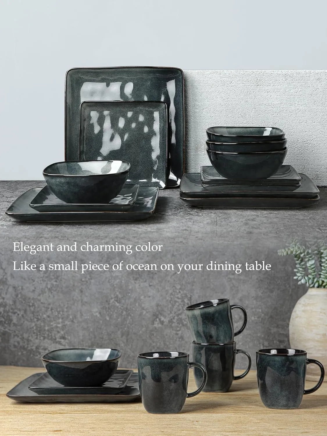 Famiware Dinnerware Sets for 4, Ocean Square 12-Piece Kitchen Plates and Bowls Sets, Reactive Glaze, Microwave and Dishwasher Safe, Scratch Resistant, Deep Forest
