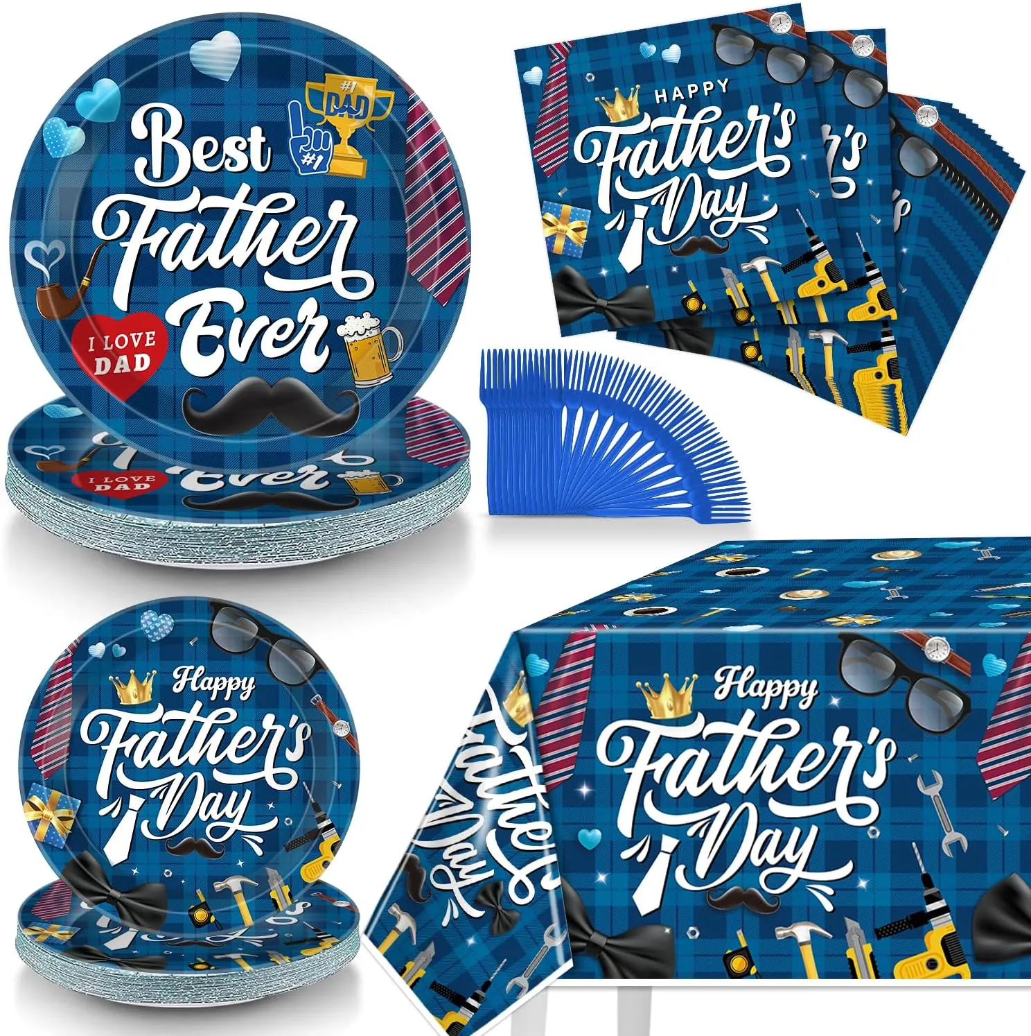 Fathers Day Decorations, 98 Pcs Happy Father Day Tableware Set Include Father's Day Tablecloth, Fathers Day Plates and Napkins Set for 24 Guests, Father's Day Party Supplies for Dad