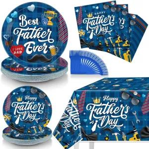 Fathers Day Decorations, 98 Pcs Happy Father Day Tableware Set Include Father's Day Tablecloth, Fathers Day Plates and Napkins Set for 24 Guests, Father's Day Party Supplies for Dad