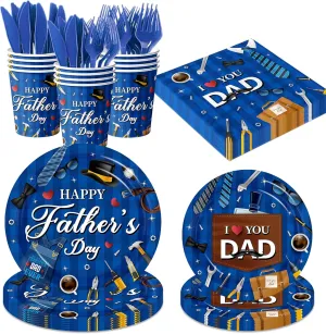 Fathers Day Party Decorations Happy Father’s Day Tableware Set I Love You Dad Fixing Tools Tie Workshop Theme Disposable Plates,Napkin,Cups,Knives,Fork for Best Dad Ever Party Supplies,Serves 24