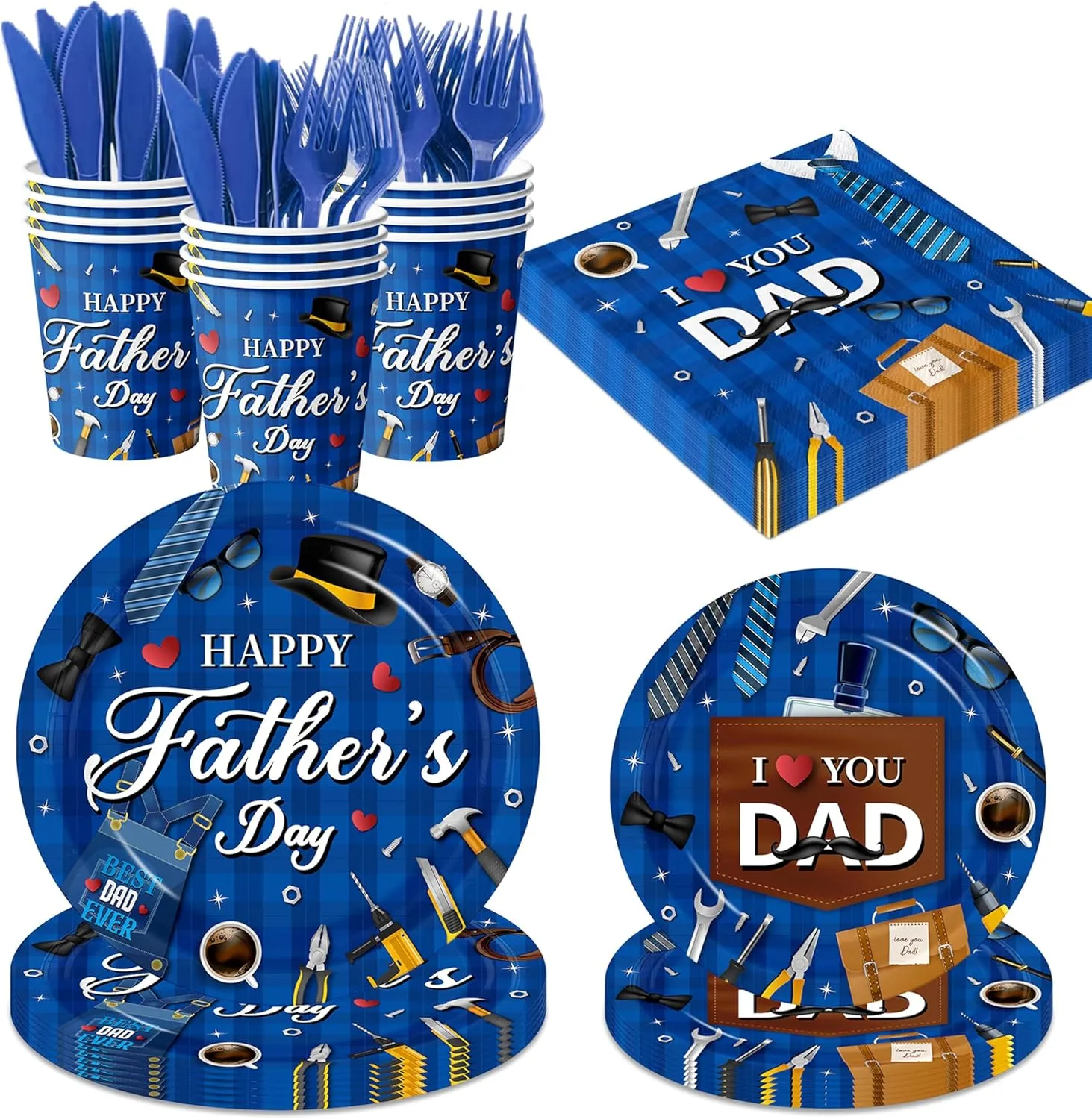 Fathers Day Party Decorations Happy Father’s Day Tableware Set I Love You Dad Fixing Tools Tie Workshop Theme Disposable Plates,Napkin,Cups,Knives,Fork for Best Dad Ever Party Supplies,Serves 24