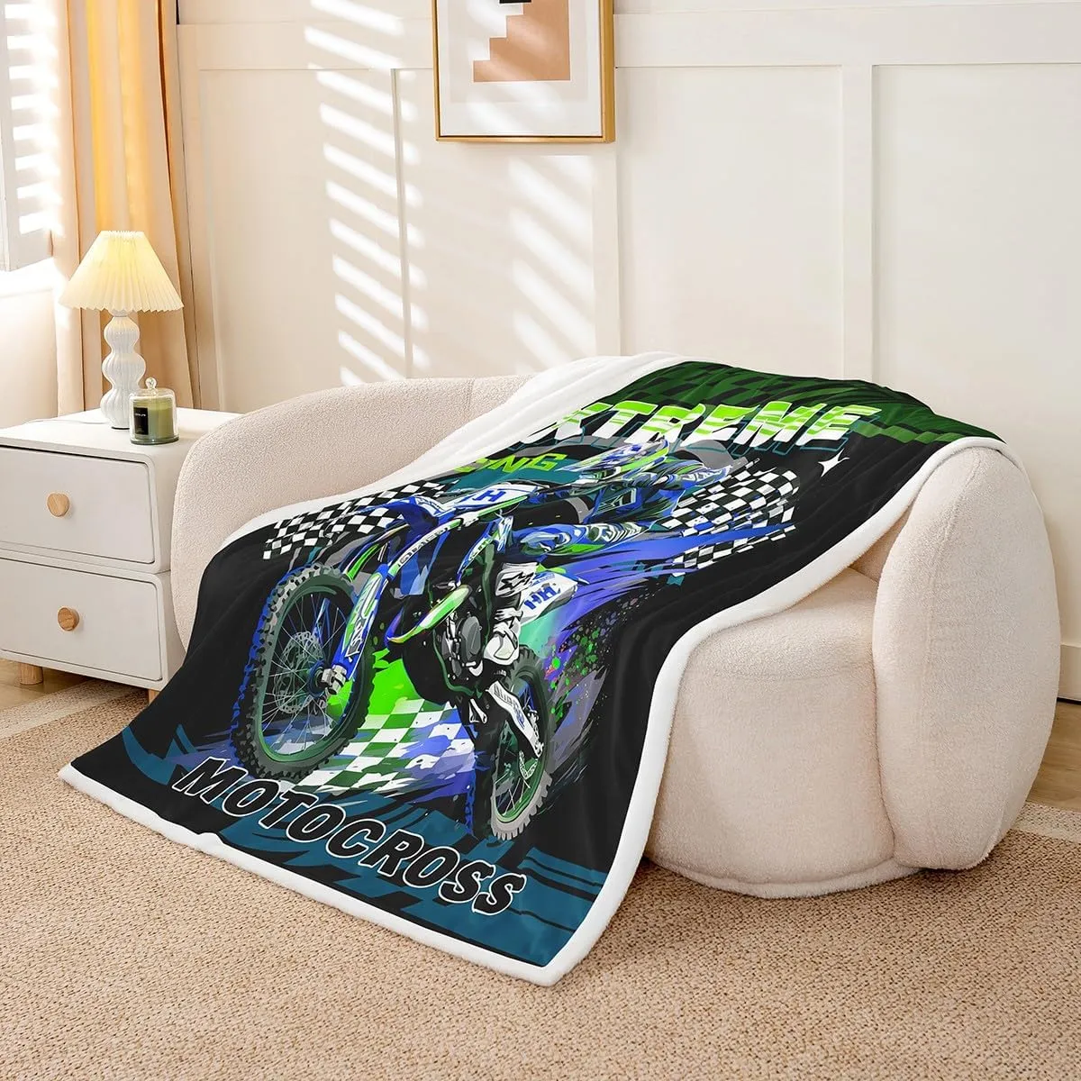 Feelyou Dirt Bike Sherpa Blanket Motocross Racer Fleece Throw Blanket for Kids Boys Girls Racing Motorcycle Plush Blanket Extreme Sports Fuzzy Blanket for Sofa Bed Couch,Throw 50x60 Inches