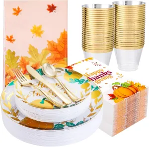 Festiva 176Pcs Thanksgiving Plates Heavy Duty- Fall Plastic Plates - Thanksgiving Disposable Dinnerware Set include 50Plates, 25Knives, 25Forks, 25Spoons, 25Cups, 25Napkins