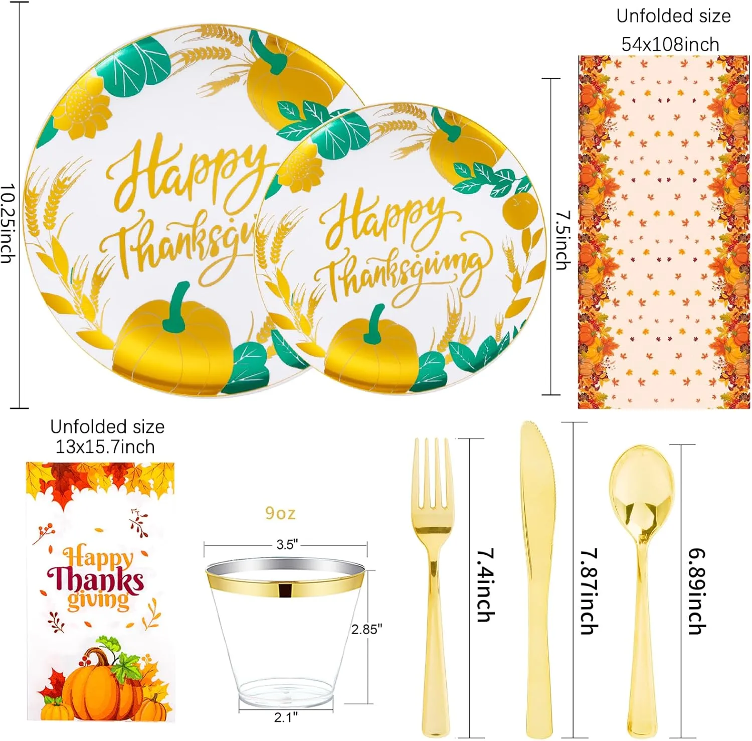 Festiva 176Pcs Thanksgiving Plates Heavy Duty- Fall Plastic Plates - Thanksgiving Disposable Dinnerware Set include 50Plates, 25Knives, 25Forks, 25Spoons, 25Cups, 25Napkins