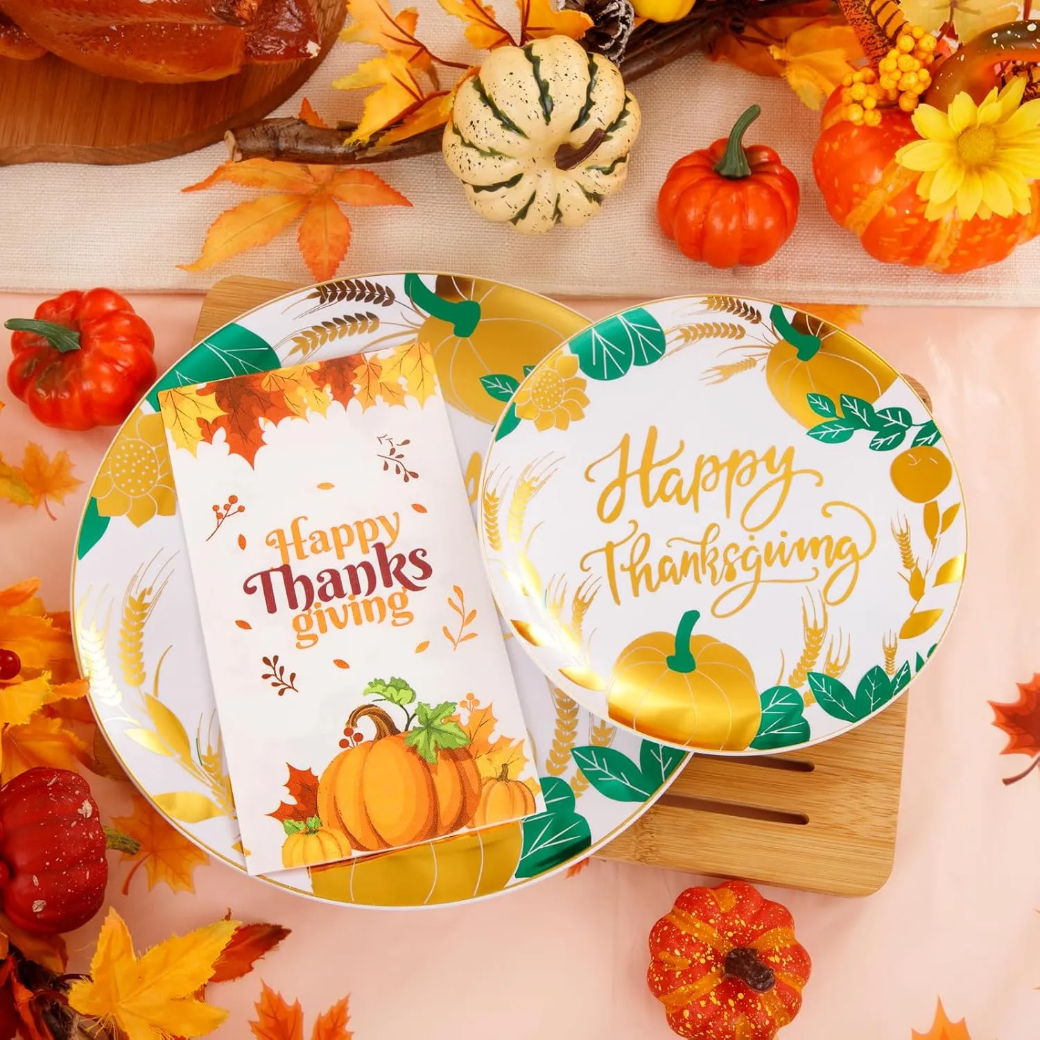 Festiva 176Pcs Thanksgiving Plates Heavy Duty- Fall Plastic Plates - Thanksgiving Disposable Dinnerware Set include 50Plates, 25Knives, 25Forks, 25Spoons, 25Cups, 25Napkins