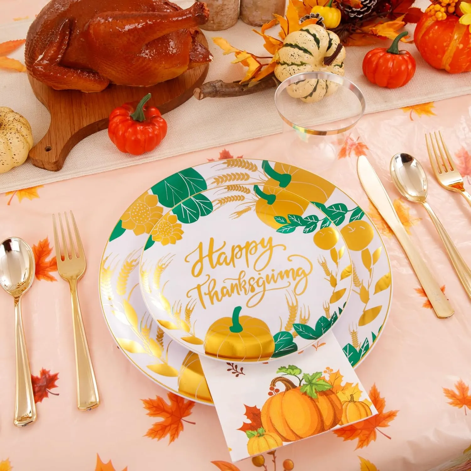 Festiva 176Pcs Thanksgiving Plates Heavy Duty- Fall Plastic Plates - Thanksgiving Disposable Dinnerware Set include 50Plates, 25Knives, 25Forks, 25Spoons, 25Cups, 25Napkins