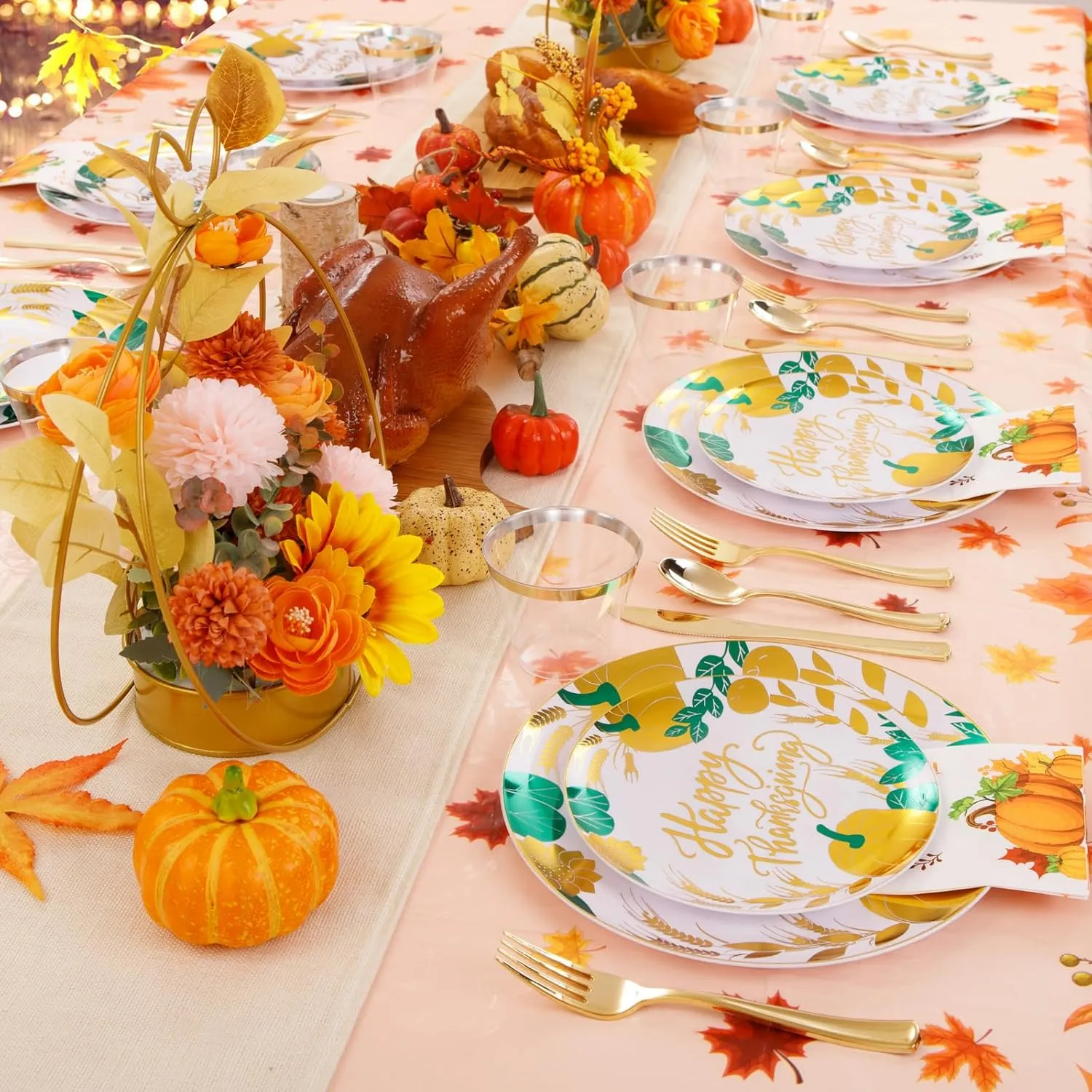 Festiva 176Pcs Thanksgiving Plates Heavy Duty- Fall Plastic Plates - Thanksgiving Disposable Dinnerware Set include 50Plates, 25Knives, 25Forks, 25Spoons, 25Cups, 25Napkins