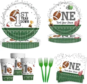 First Year Down Football Birthday Party Supplies for Boys - 1st Football Themed Tableware Set (Plates, Napkins, Cups, Forks) for 24 Guests - First Down Birthday Decorations