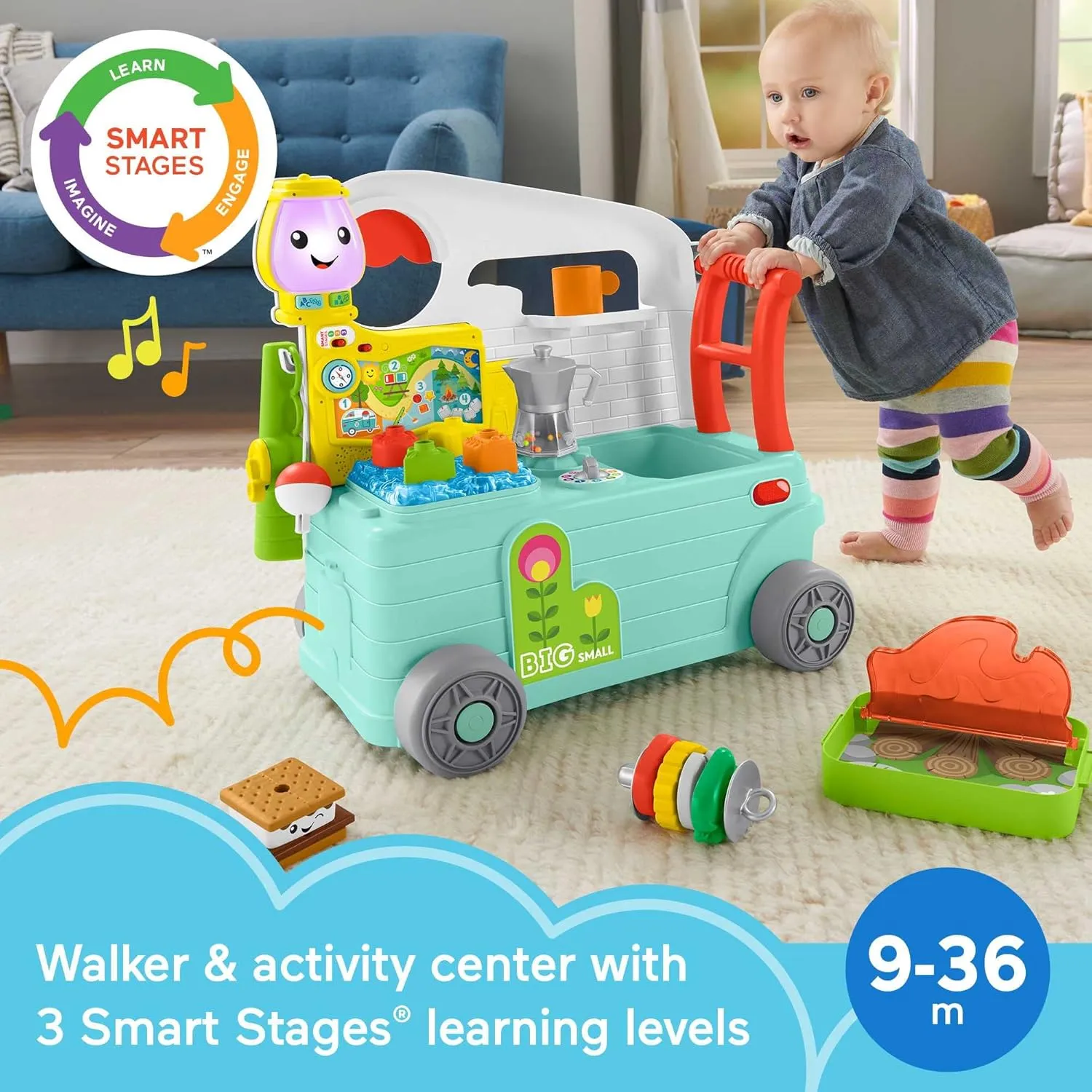 Fisher-Price Baby Learning Toy Laugh & Learn 3-in-1 On-the-Go Camper Walker & Activity Center for Toddlers Ages 9  Months
