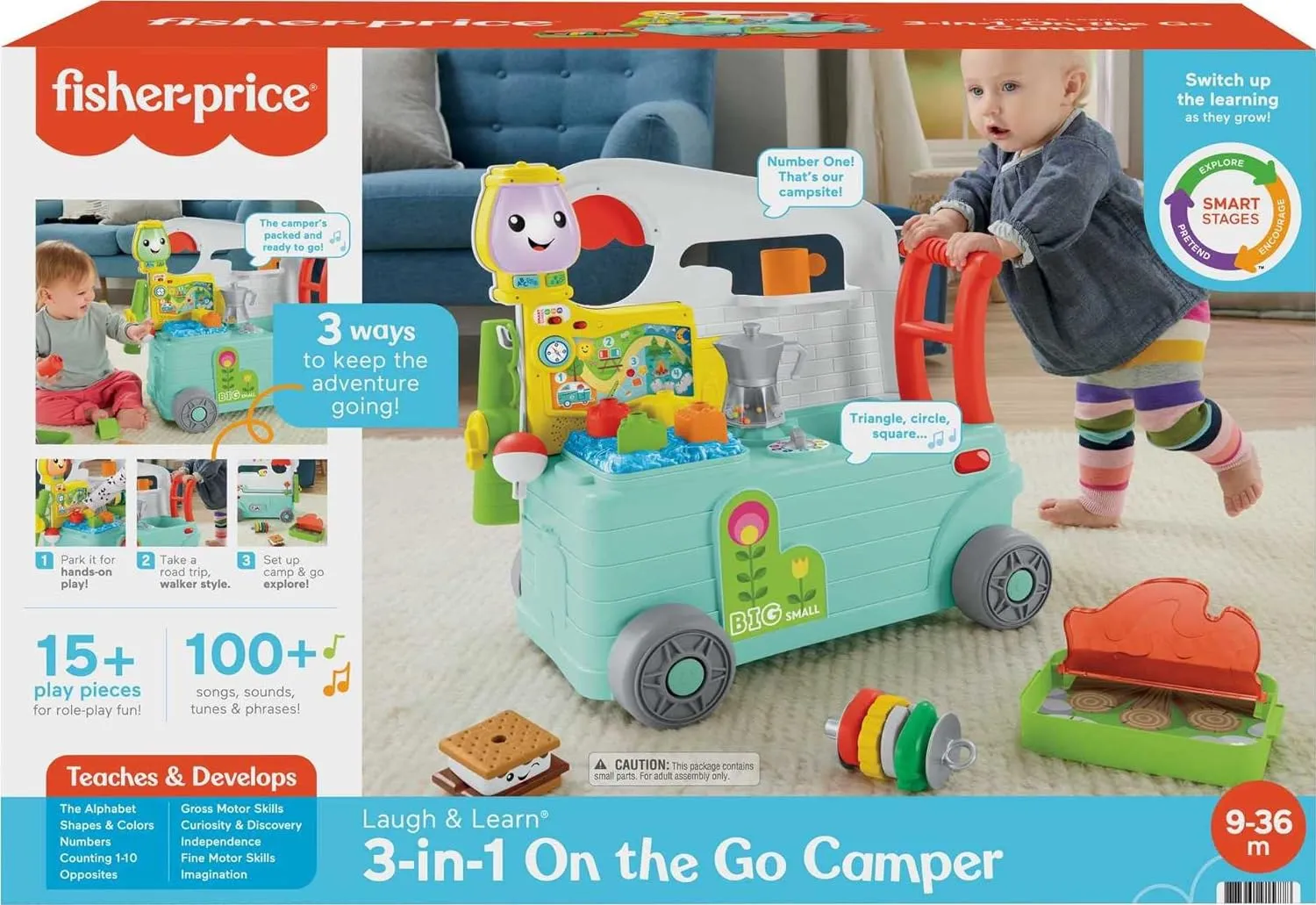 Fisher-Price Baby Learning Toy Laugh & Learn 3-in-1 On-the-Go Camper Walker & Activity Center for Toddlers Ages 9  Months