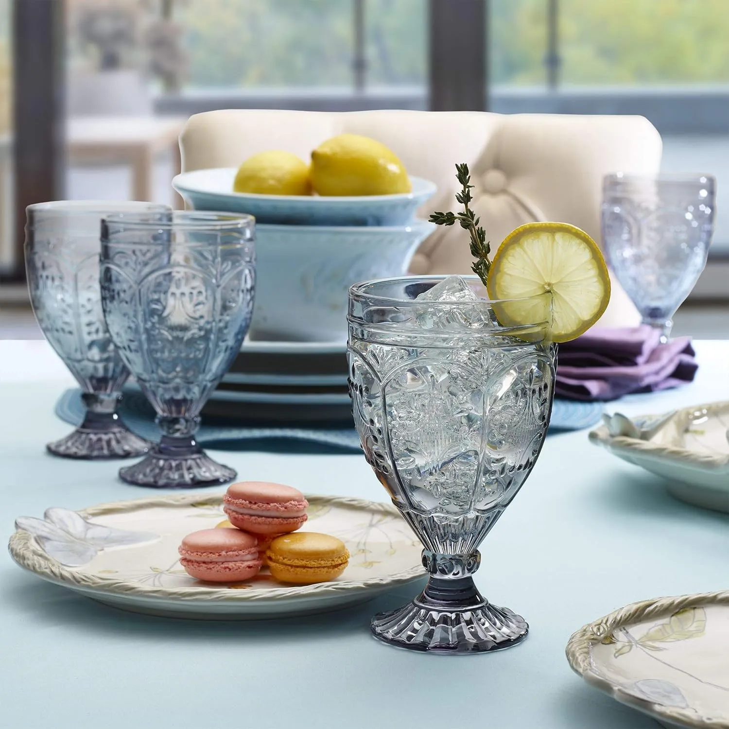 Fitz and Floyd Trestle Glassware Ornate Goblets, Set of 4, Smoke