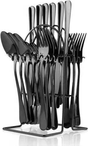 Flatware Set Rack,24 Piece Gilded Silverware Set with stand,Hanging Stainless Steel Utensils Set Service for 6,Eating Tableware Set Include Fork Knife Spoon Holder Set,Dishwasher Safe (Black)…