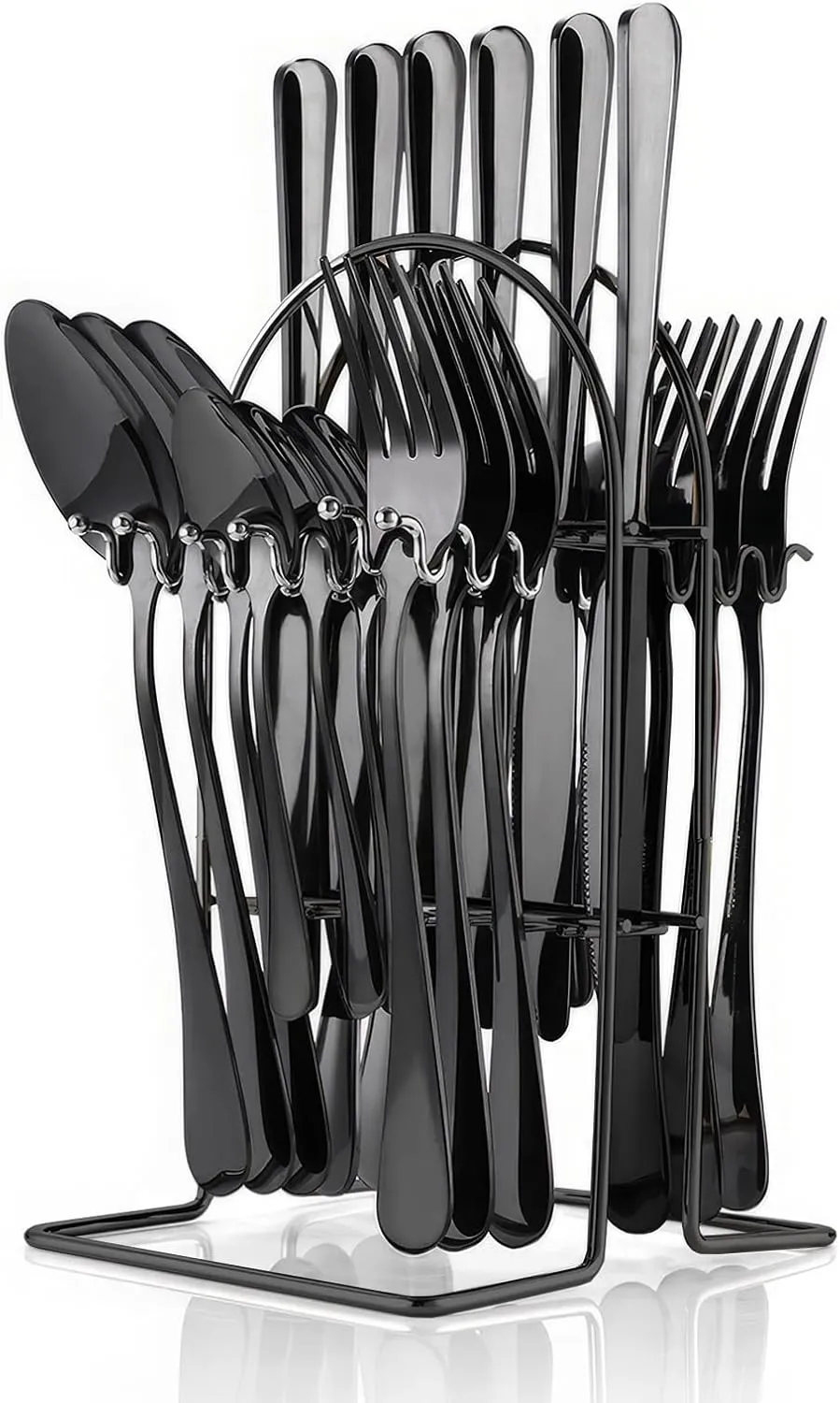 Flatware Set Rack,24 Piece Gilded Silverware Set with stand,Hanging Stainless Steel Utensils Set Service for 6,Eating Tableware Set Include Fork Knife Spoon Holder Set,Dishwasher Safe (Black)…