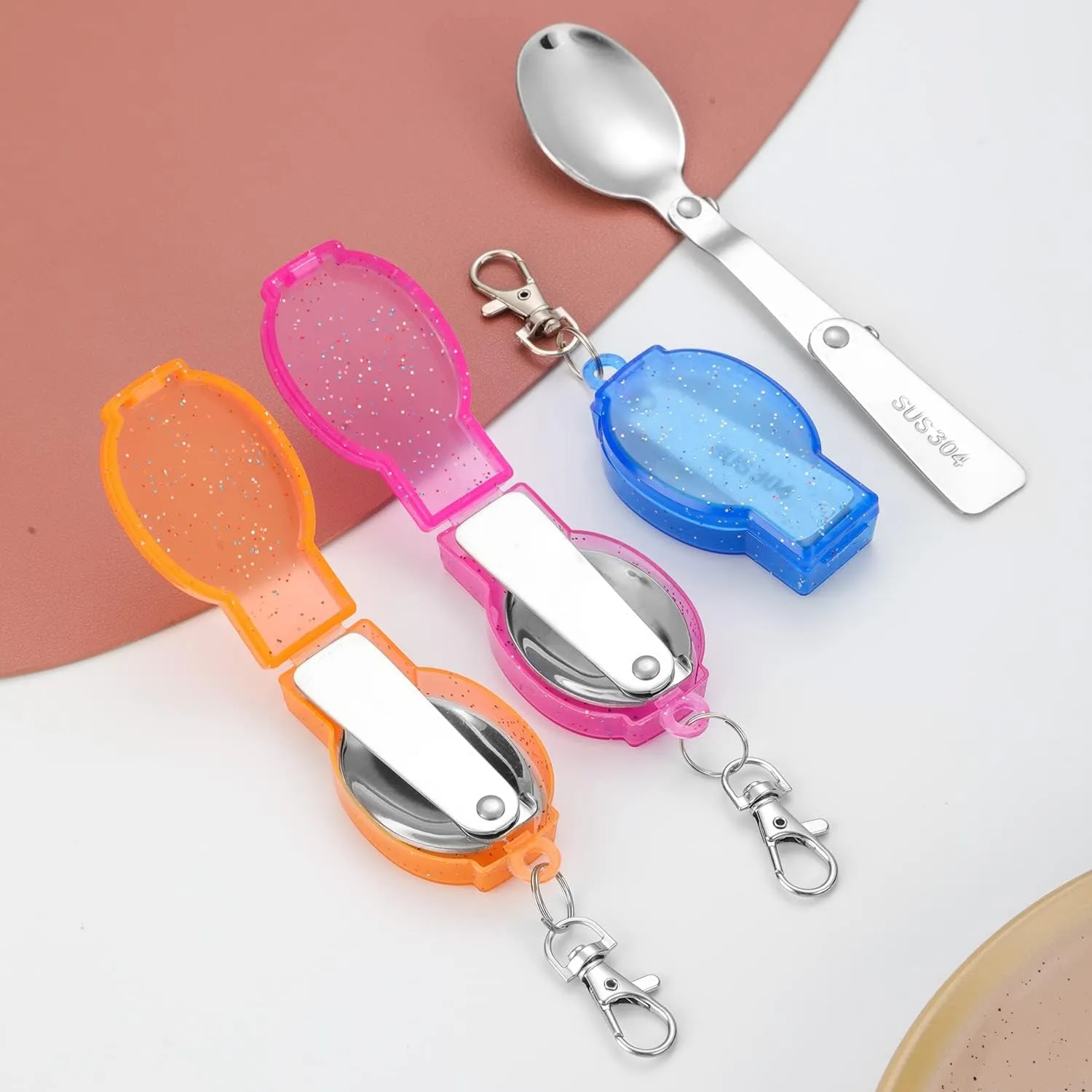 Flatware Silverware Set, 1/4/6/8/10/12 Pcs 304 Stainless Steel Spoon Foldable Storage Camping Tableware Creative Outdoor Travel Portable Spoon, Tableware Cutlery Set(Orange,10 Pieces)