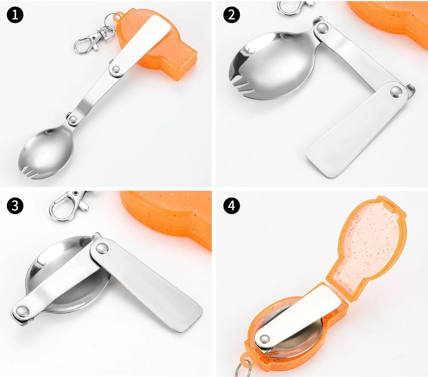 Flatware Silverware Set, 1/4/6/8/10/12 Pcs 304 Stainless Steel Spoon Foldable Storage Camping Tableware Creative Outdoor Travel Portable Spoon, Tableware Cutlery Set(Orange,10 Pieces)