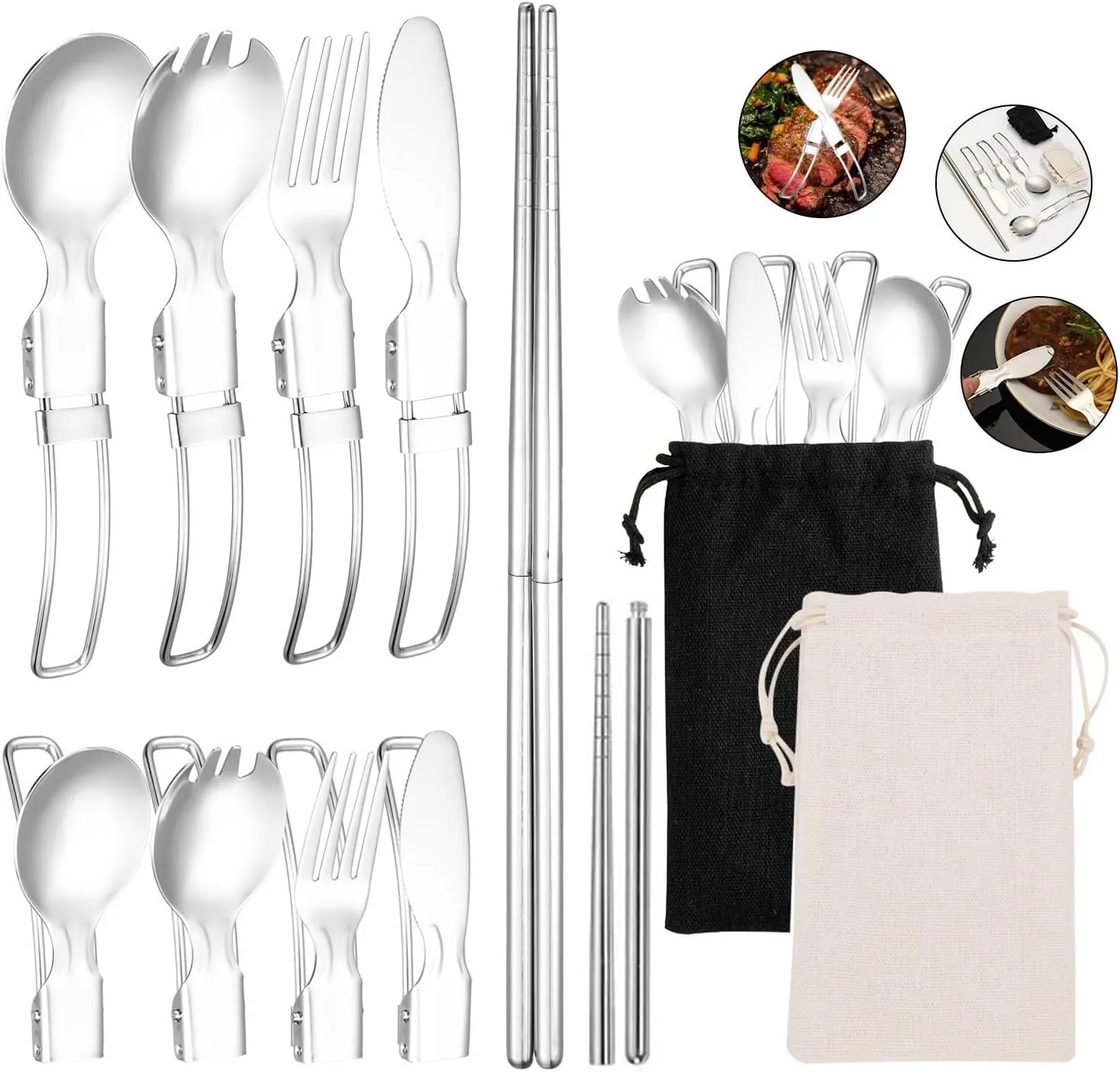 Flatware Silverware Set, 2/8/12/16/20/24pcs 304 Stainless Steel Folding Cutlery Fork And Spoon Outdoor Picnic Storage Set Portable Cutlery, Tableware Cutlery Set(Black,20 Piece set for 10)