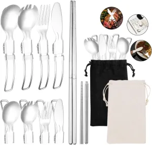 Flatware Silverware Set, 2/8/12/16/20/24pcs 304 Stainless Steel Folding Cutlery Fork And Spoon Outdoor Picnic Storage Set Portable Cutlery, Tableware Cutlery Set(Black,20 Piece set for 10)