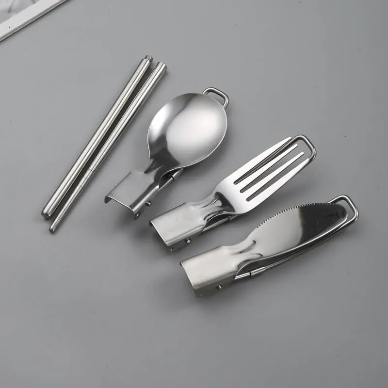 Flatware Silverware Set, 4/16/24/32 Pieces Portable Folding Stainless Steel Knife, Fork And Spoon Set Creative Outdoor Camping 304 Stainless Steel Fork, Spoon And Chopsticks Set, Tableware Cu