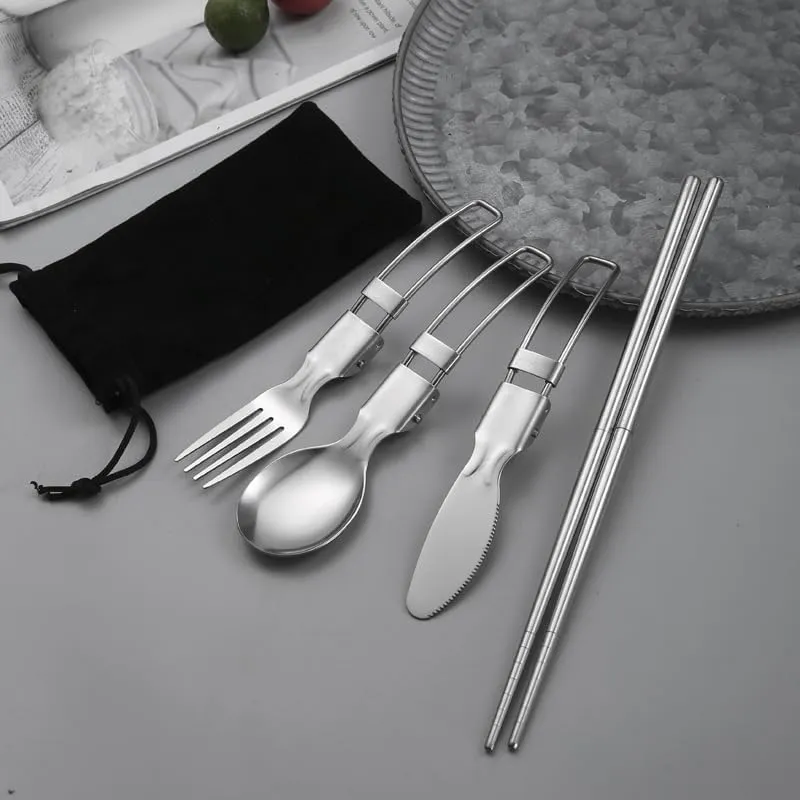 Flatware Silverware Set, 4/16/24/32 Pieces Portable Folding Stainless Steel Knife, Fork And Spoon Set Creative Outdoor Camping 304 Stainless Steel Fork, Spoon And Chopsticks Set, Tableware Cu