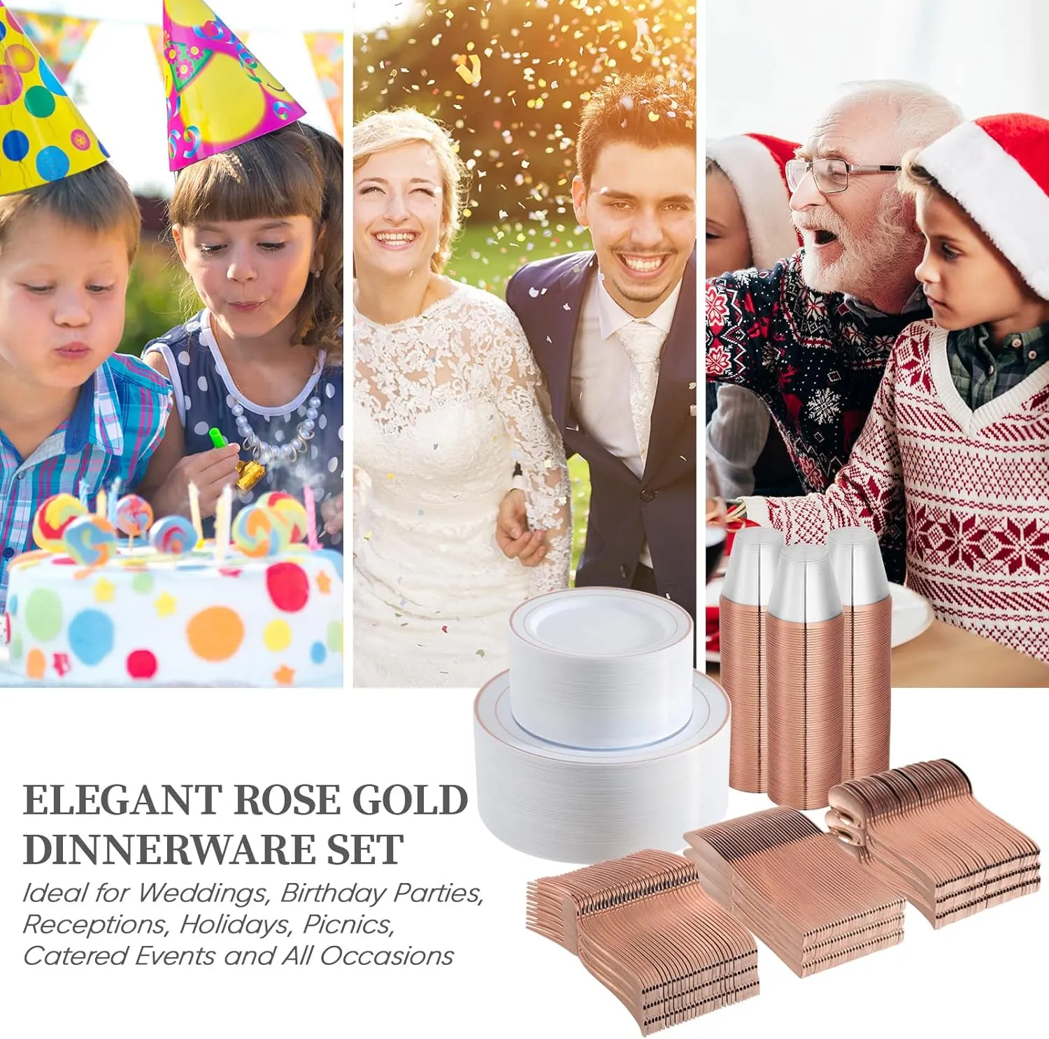 FOCUSLINE 600 Ct Rose Gold Dinnerware Set for 100 Guests - Rose Gold Rimmed White Disposable Plastic Plates, Includes 100 Dinner & Salad Plates, Cups, Cutlery Set for Wedding Parties