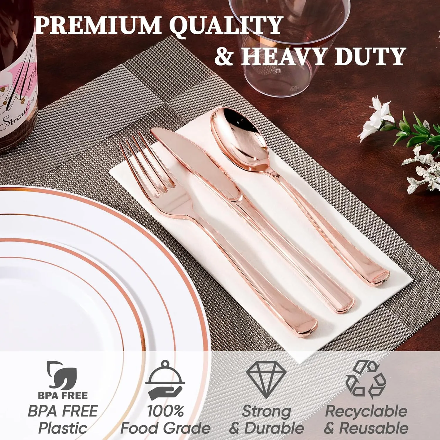FOCUSLINE 600 Ct Rose Gold Dinnerware Set for 100 Guests - Rose Gold Rimmed White Disposable Plastic Plates, Includes 100 Dinner & Salad Plates, Cups, Cutlery Set for Wedding Parties