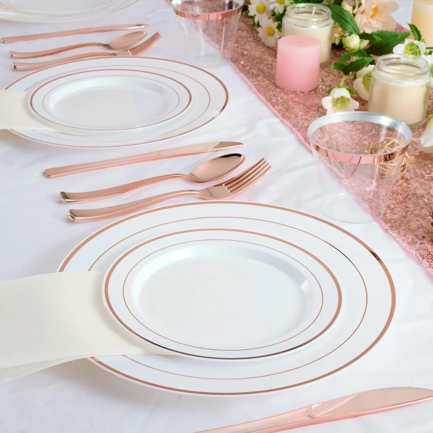 FOCUSLINE 600 Ct Rose Gold Dinnerware Set for 100 Guests - Rose Gold Rimmed White Disposable Plastic Plates, Includes 100 Dinner & Salad Plates, Cups, Cutlery Set for Wedding Parties