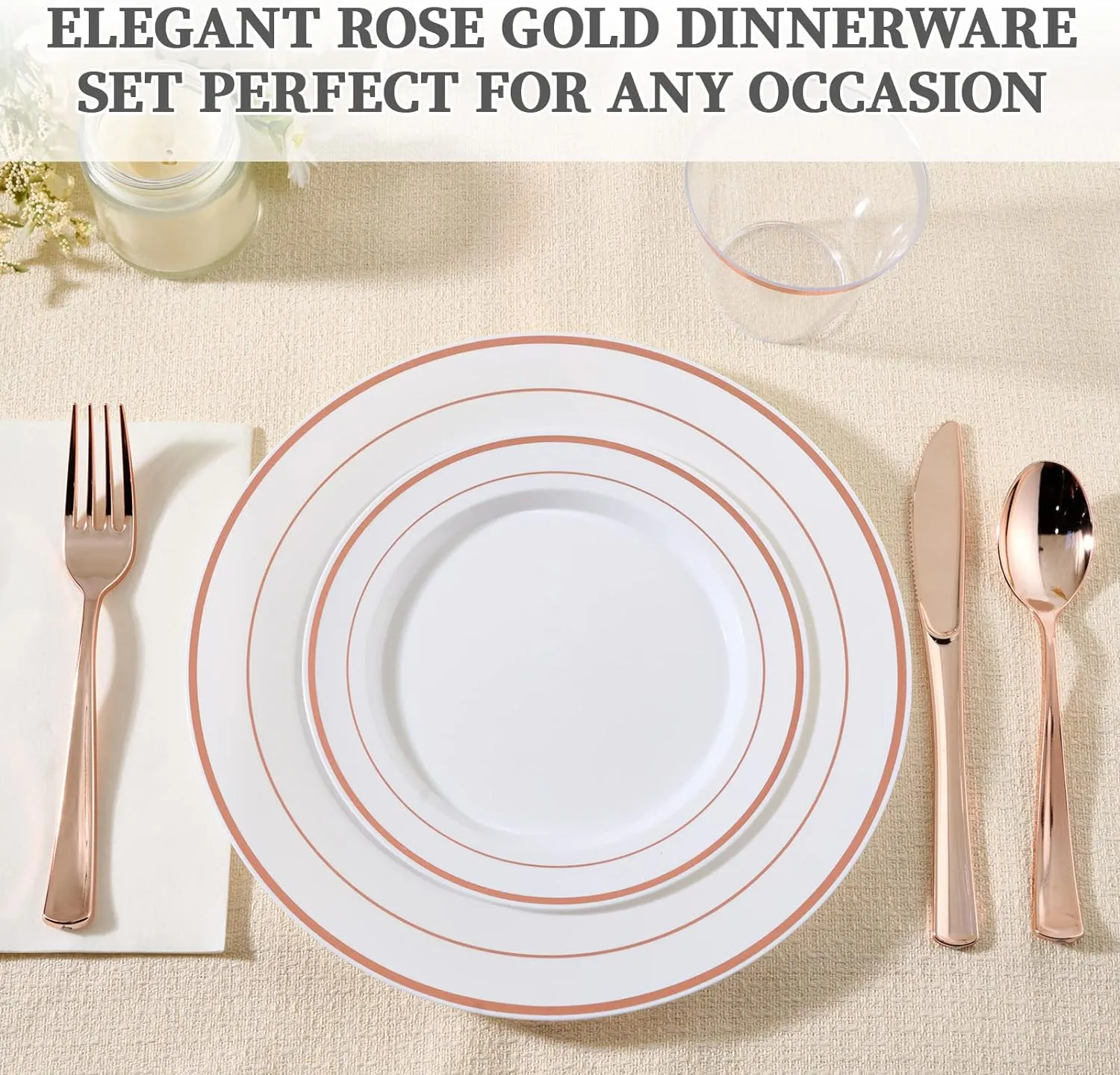FOCUSLINE 600 Ct Rose Gold Dinnerware Set for 100 Guests - Rose Gold Rimmed White Disposable Plastic Plates, Includes 100 Dinner & Salad Plates, Cups, Cutlery Set for Wedding Parties