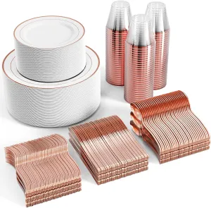 FOCUSLINE 600 Ct Rose Gold Dinnerware Set for 100 Guests - Rose Gold Rimmed White Disposable Plastic Plates, Includes 100 Dinner & Salad Plates, Cups, Cutlery Set for Wedding Parties